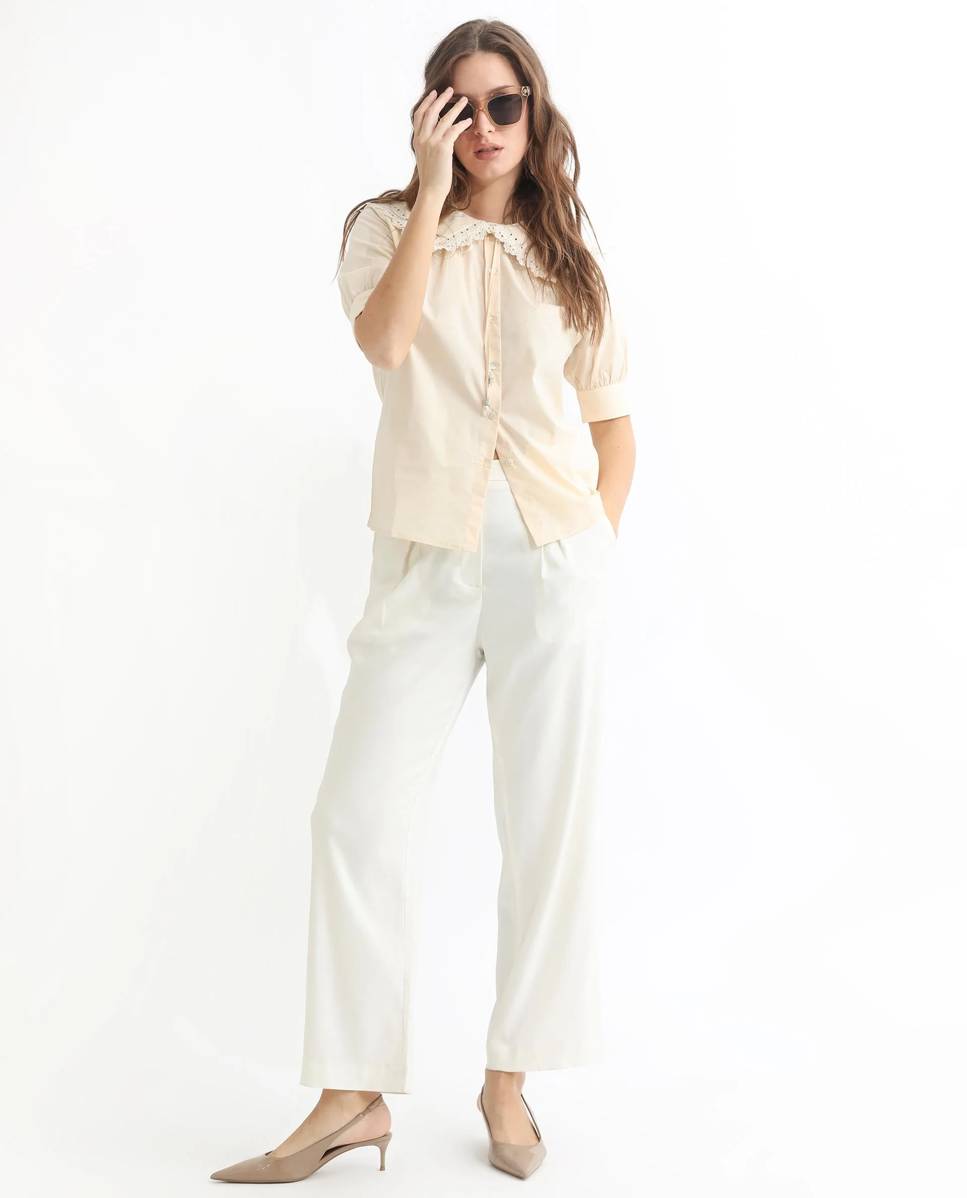 Rareism Women's Farse Beige Polyester Spread Collar Plain Puff Sleeves Regular Fit Top - Image 2