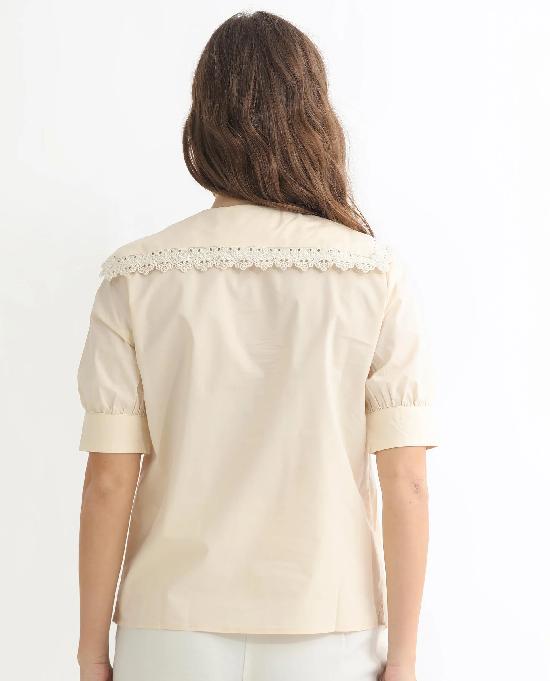 Rareism Women's Farse Beige Polyester Spread Collar Plain Puff Sleeves Regular Fit Top - Image 3