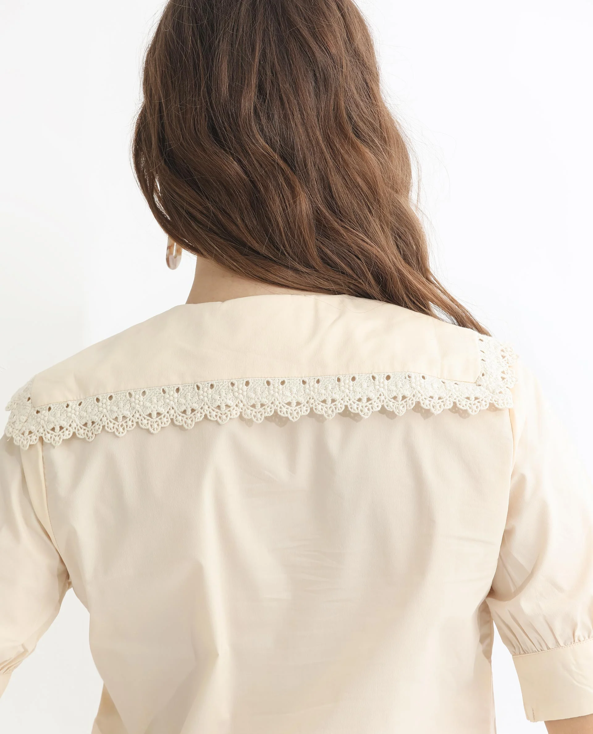 Rareism Women's Farse Beige Polyester Spread Collar Plain Puff Sleeves Regular Fit Top - Image 4