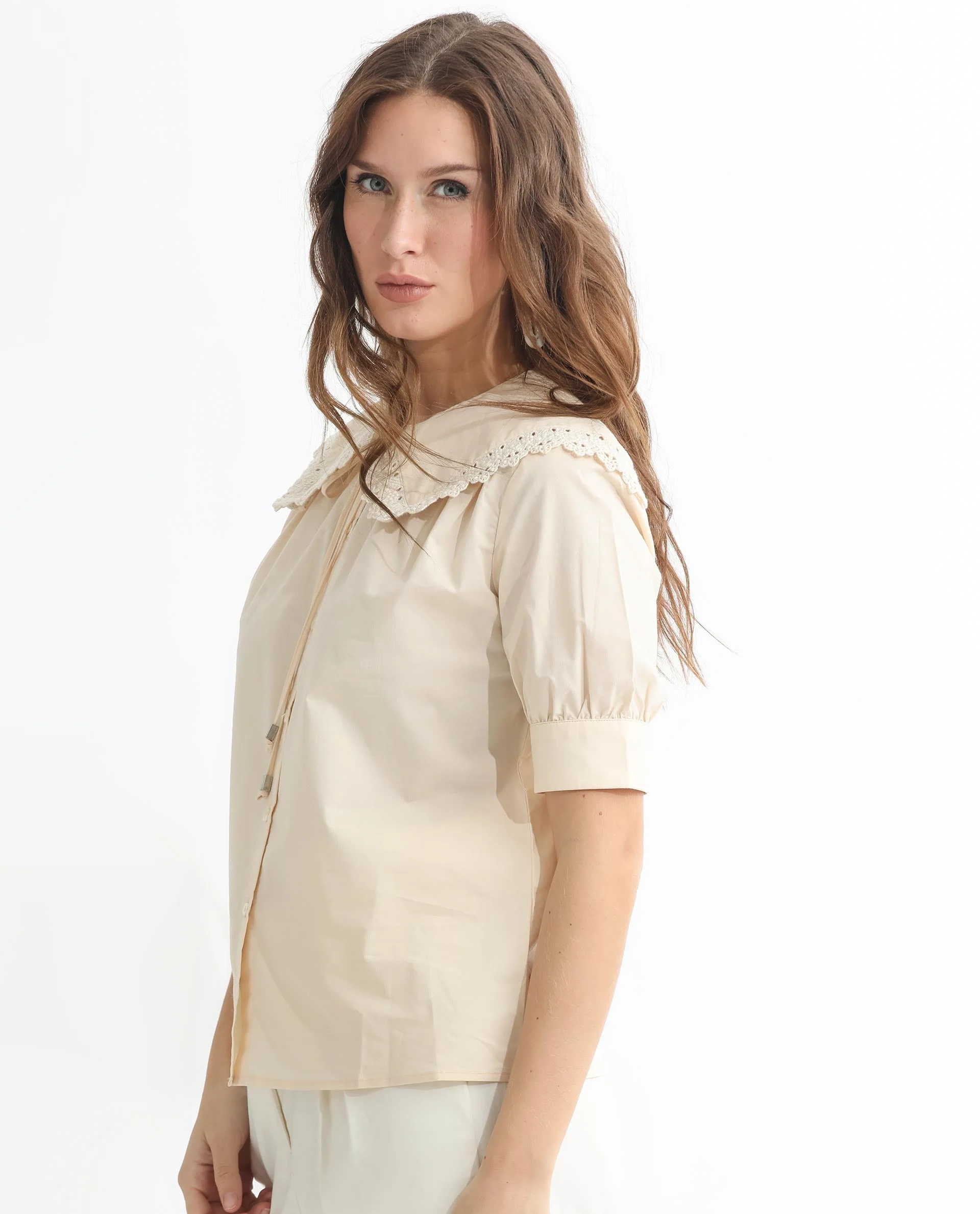 Rareism Women's Farse Beige Polyester Spread Collar Plain Puff Sleeves Regular Fit Top - Image 5