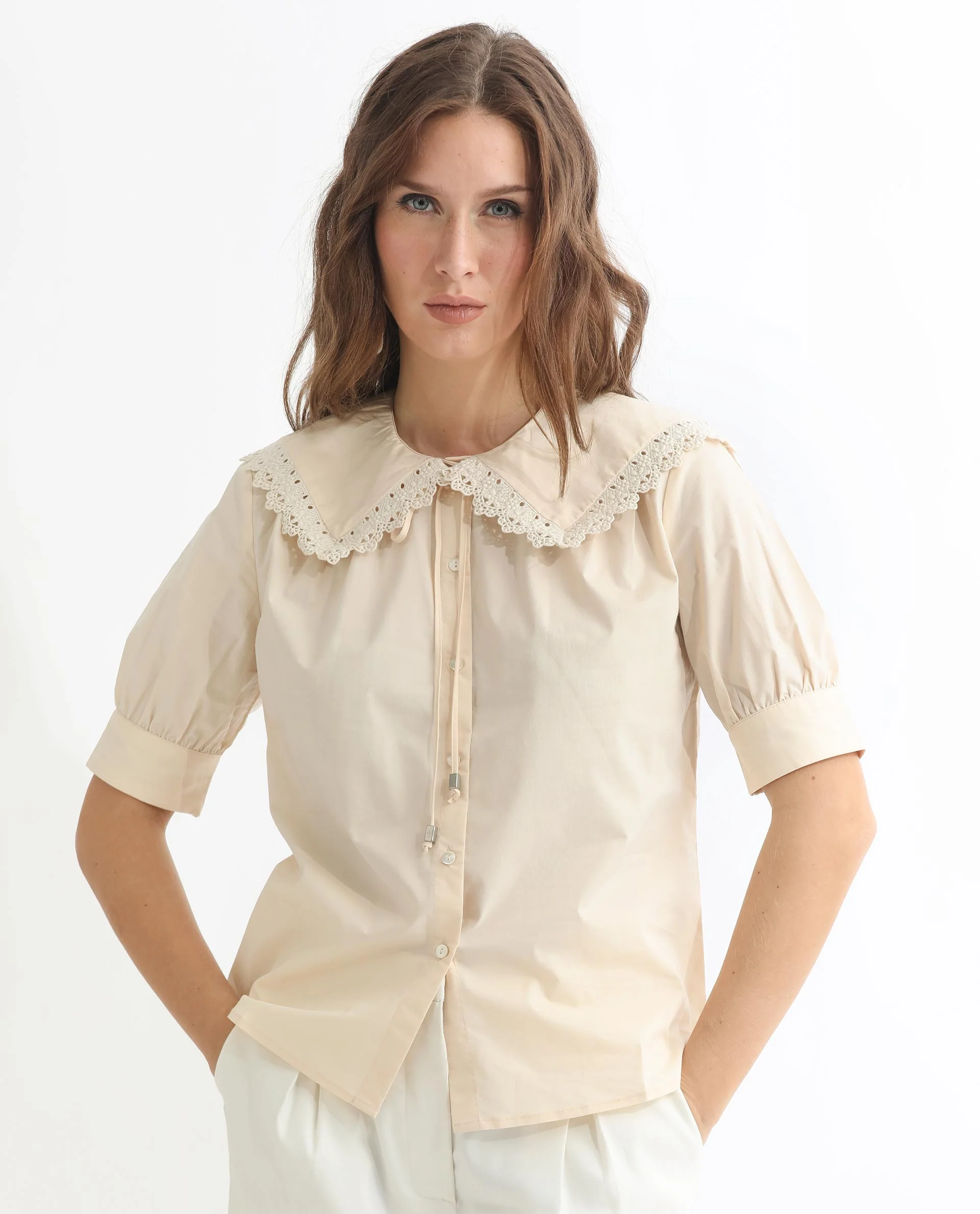Rareism Women's Farse Beige Polyester Spread Collar Plain Puff Sleeves Regular Fit Top - Image 7