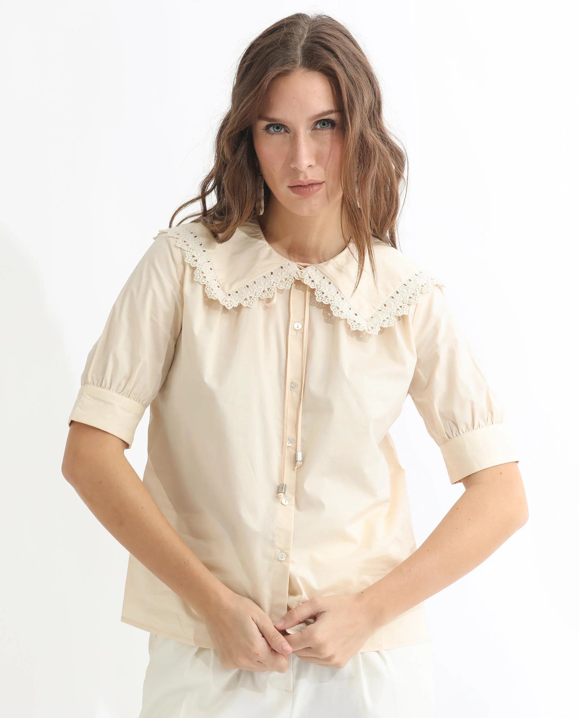 Rareism Women's Farse Beige Polyester Spread Collar Plain Puff Sleeves Regular Fit Top - Image 9