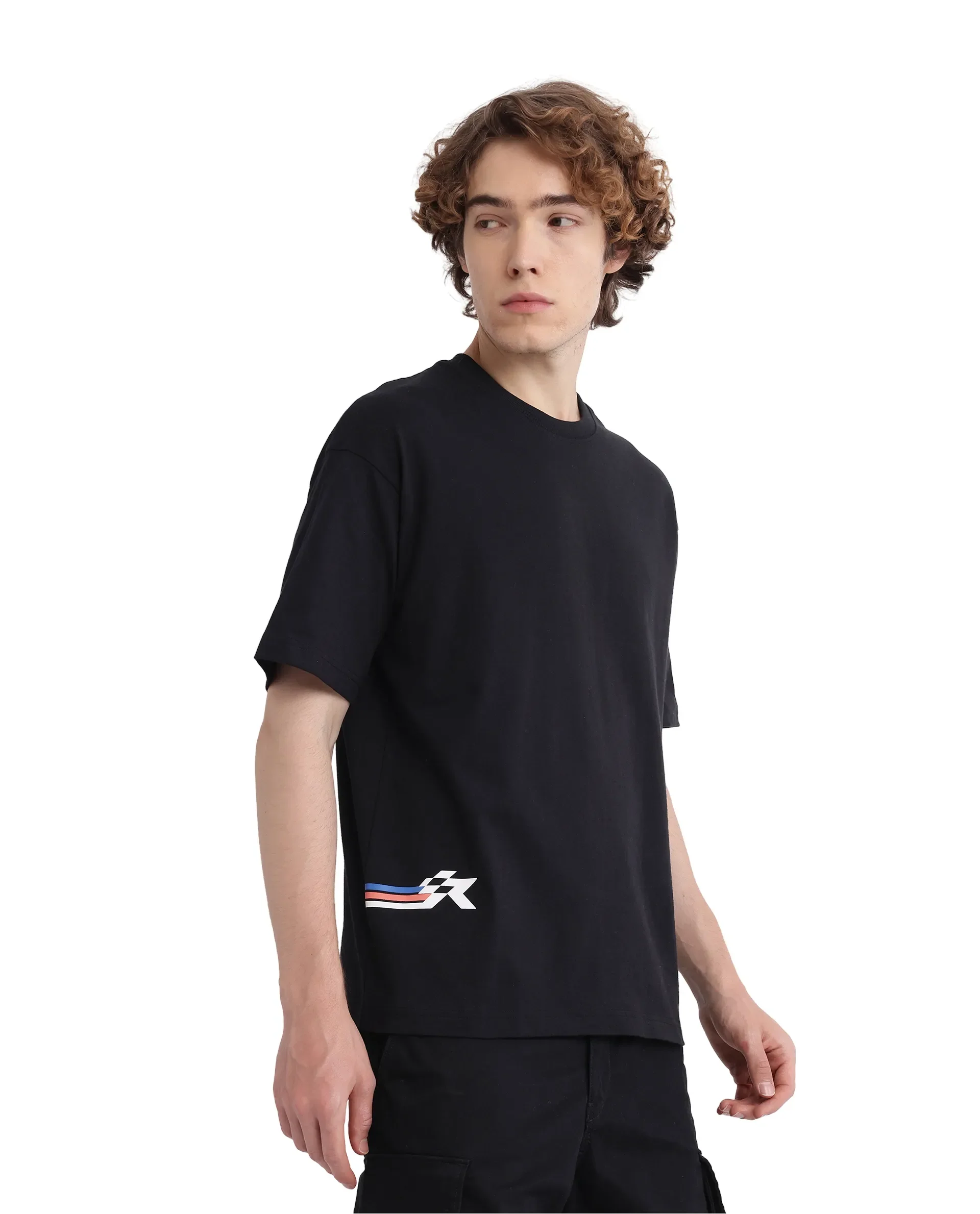 Rare Rabbit Men's Fast Black Cotton Graphic Print Oversized Fit Half Sleeve Crew Neck T-Shirt - Image 3