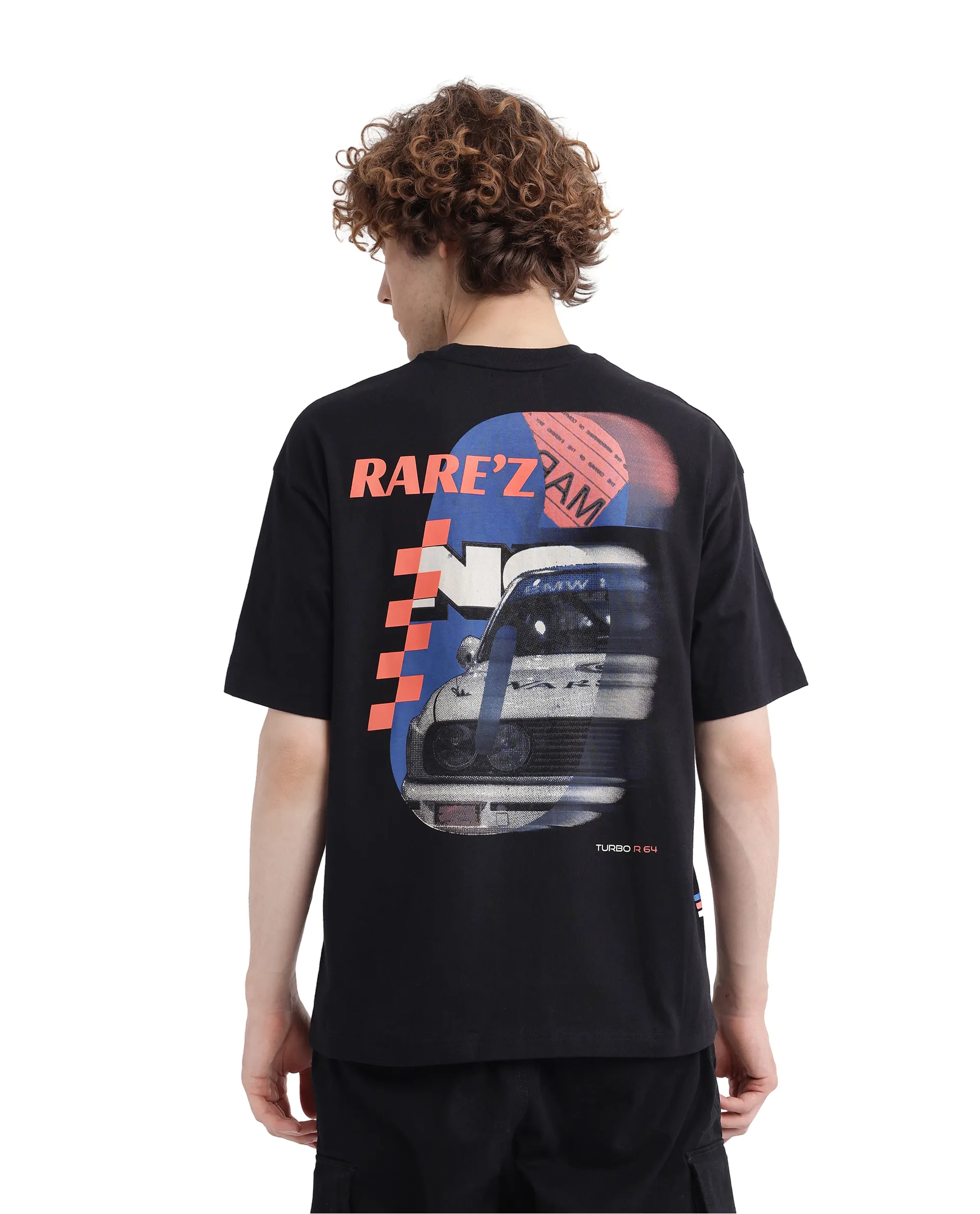 Rare Rabbit Men's Fast Black Cotton Graphic Print Oversized Fit Half Sleeve Crew Neck T-Shirt - Image 4