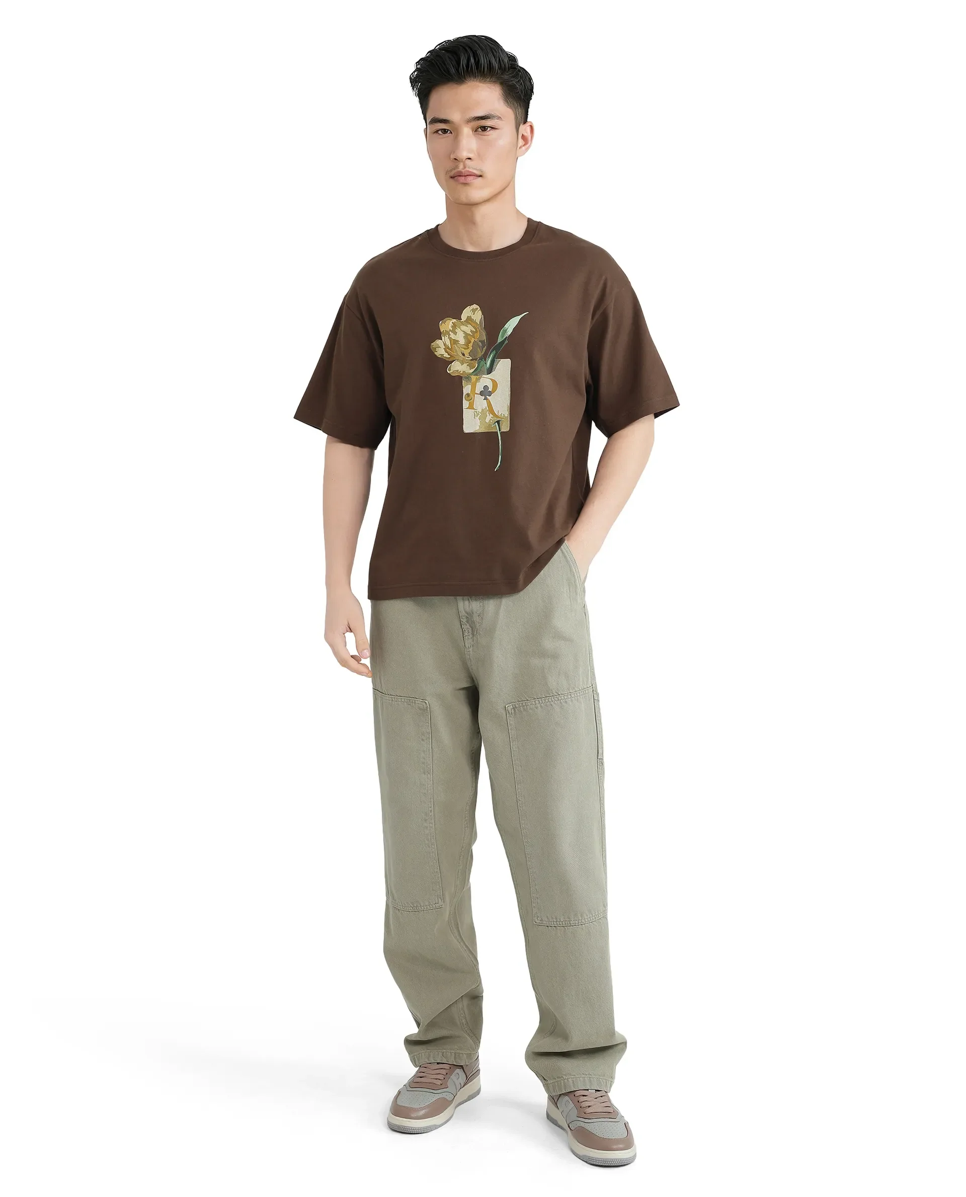 Rare Rabbit Men's Faun Brown Cotton Graphic Print Oversized Fit Half Sleeve Crew Neck T-Shirt - Image 2