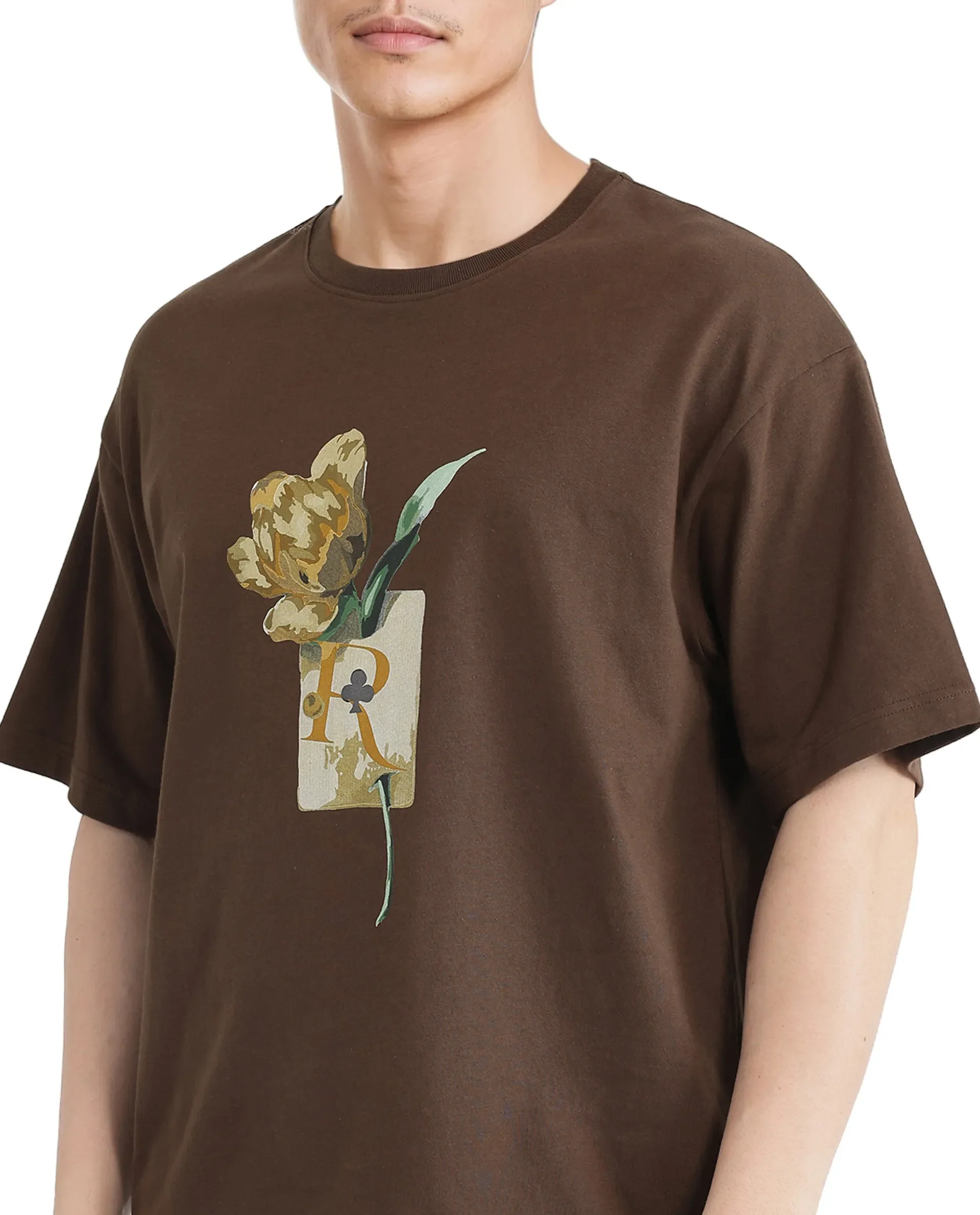 Rare Rabbit Men's Faun Brown Cotton Graphic Print Oversized Fit Half Sleeve Crew Neck T-Shirt - Image 3