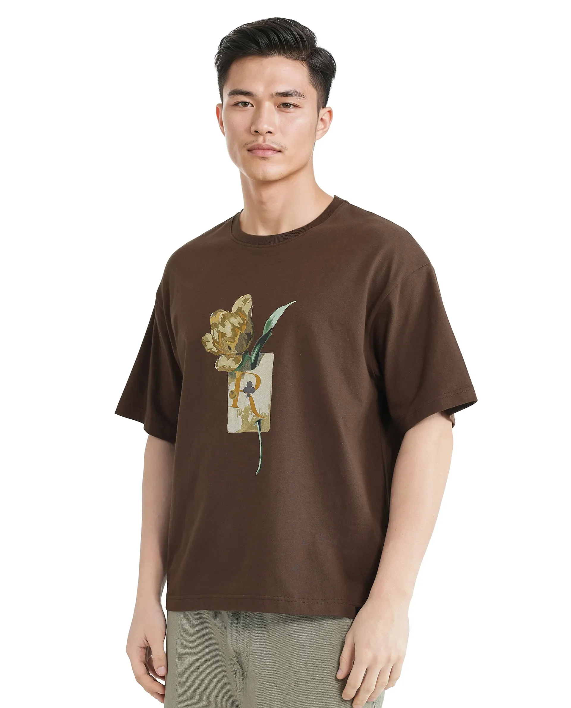 Rare Rabbit Men's Faun Brown Cotton Graphic Print Oversized Fit Half Sleeve Crew Neck T-Shirt - Image 4