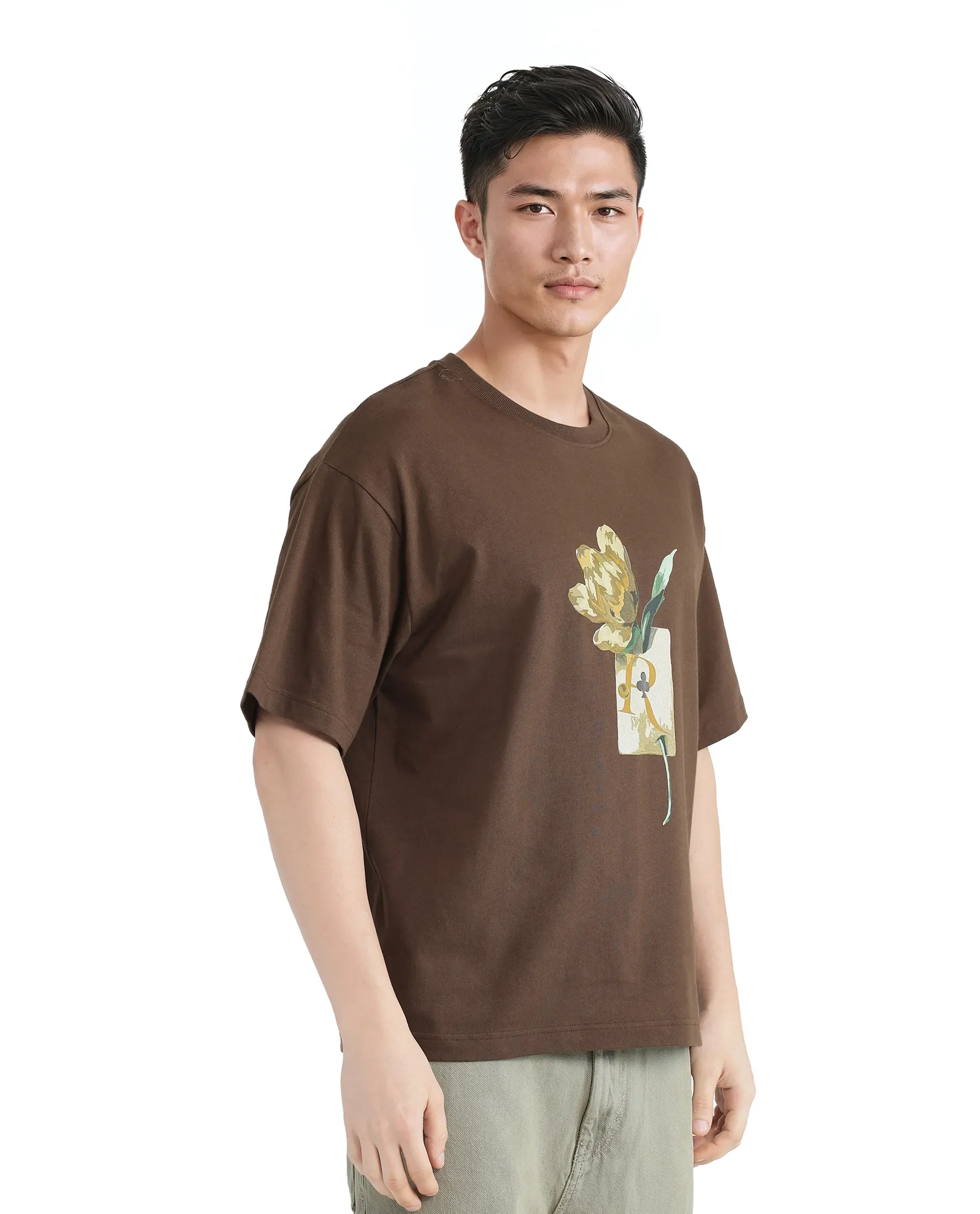 Rare Rabbit Men's Faun Brown Cotton Graphic Print Oversized Fit Half Sleeve Crew Neck T-Shirt - Image 5
