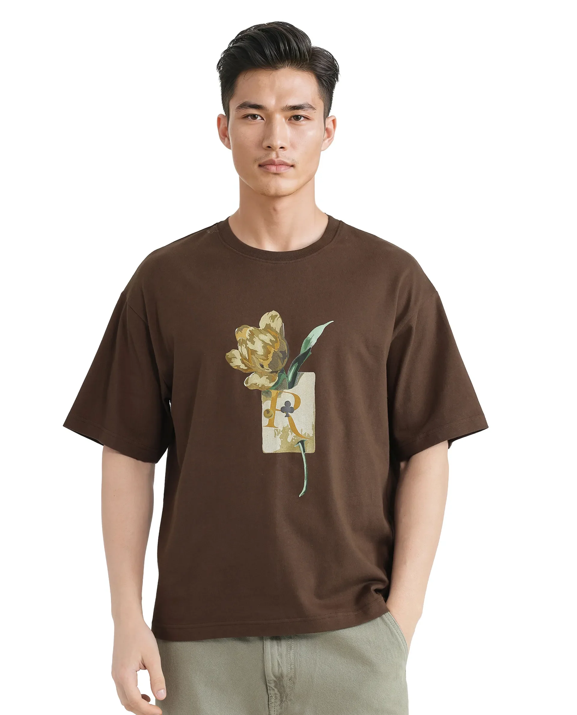 Rare Rabbit Men's Faun Brown Cotton Graphic Print Oversized Fit Half Sleeve Crew Neck T-Shirt - Image 8