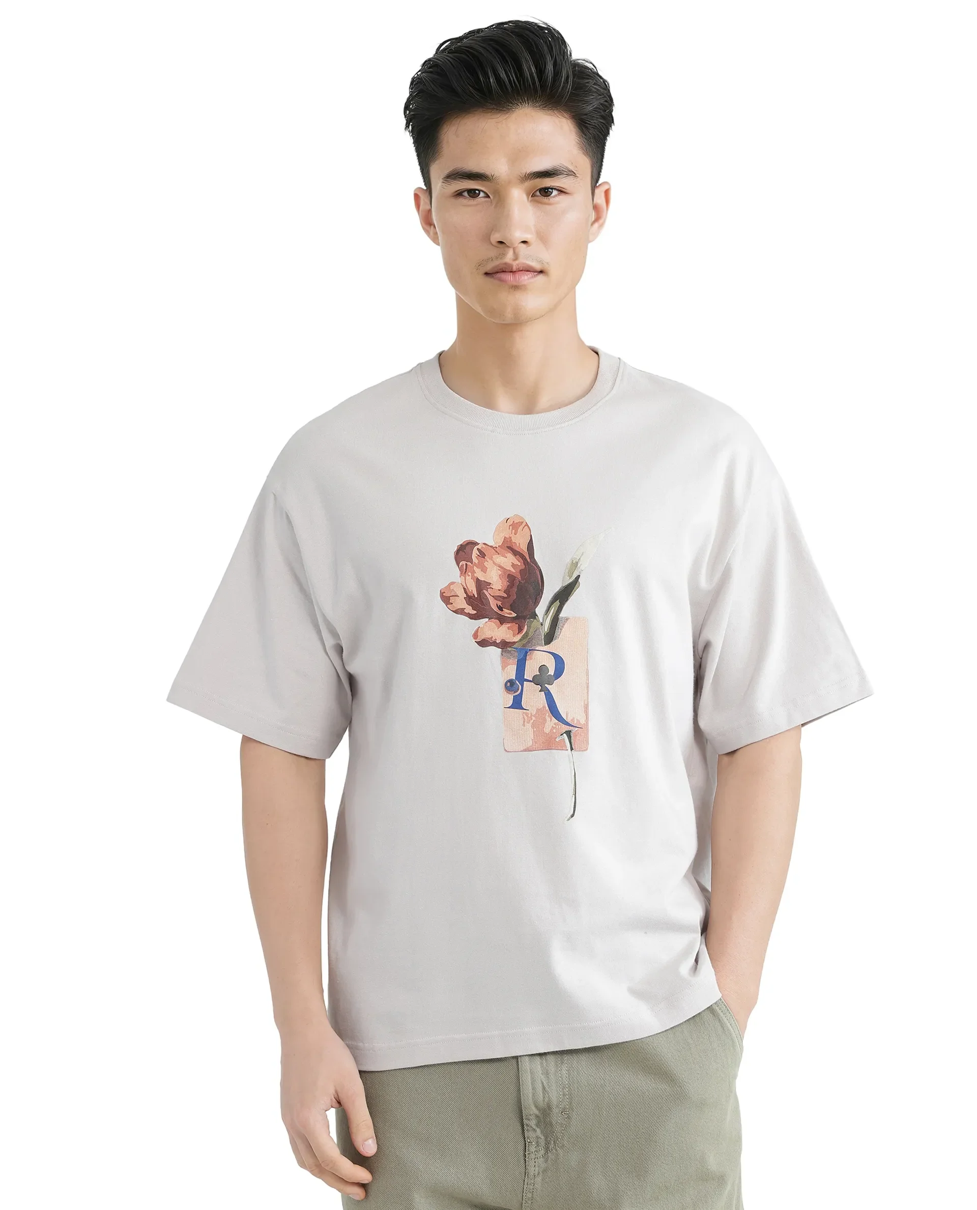 Rare Rabbit Men's Faun Light Grey Cotton Graphic Print Oversized Fit Half Sleeve Crew Neck T-Shirt