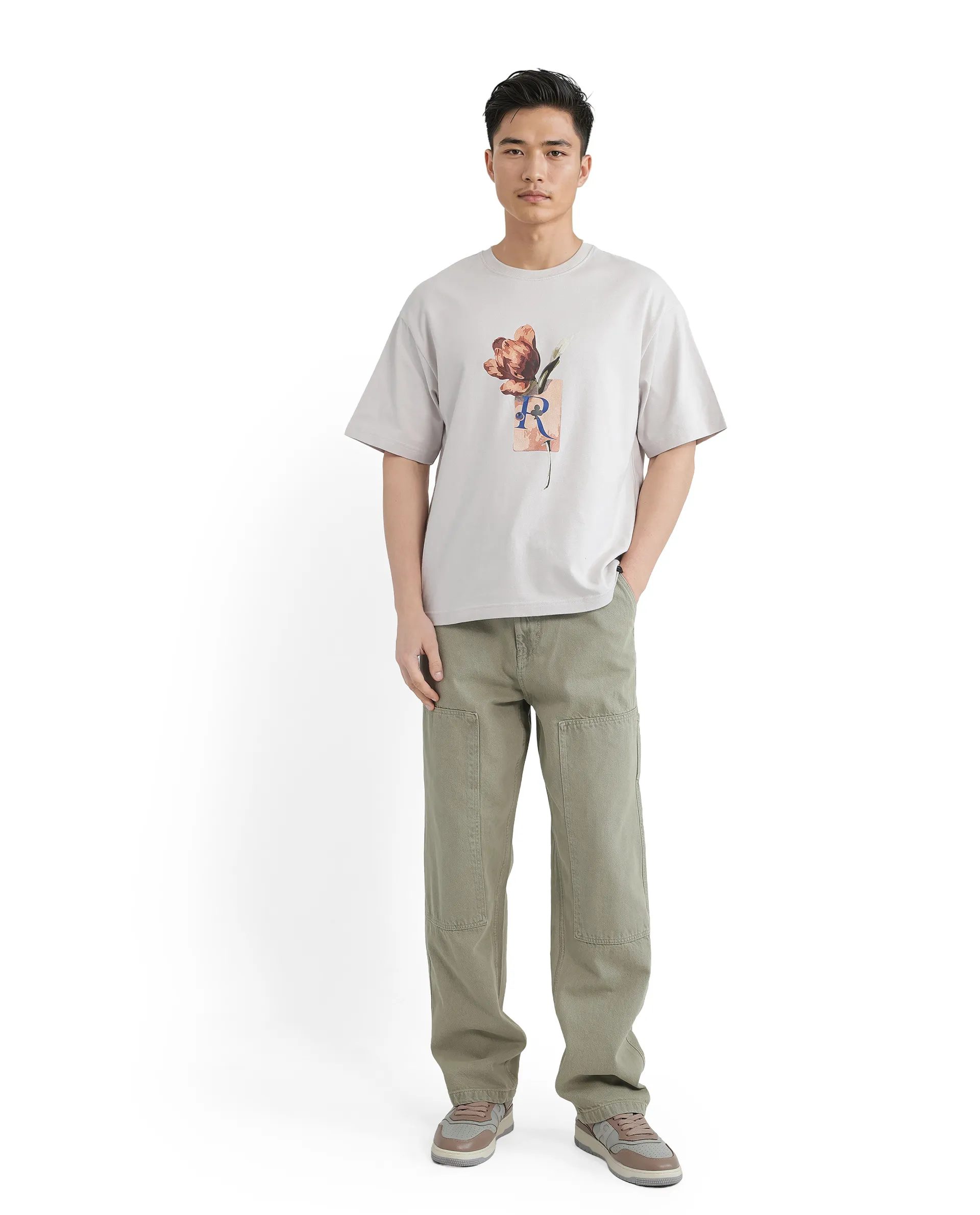 Rare Rabbit Men's Faun Light Grey Cotton Graphic Print Oversized Fit Half Sleeve Crew Neck T-Shirt - Image 2