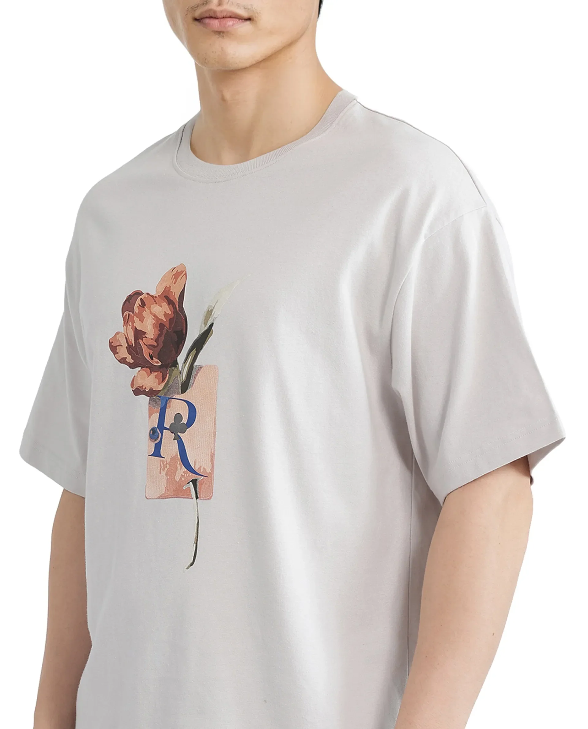 Rare Rabbit Men's Faun Light Grey Cotton Graphic Print Oversized Fit Half Sleeve Crew Neck T-Shirt - Image 3