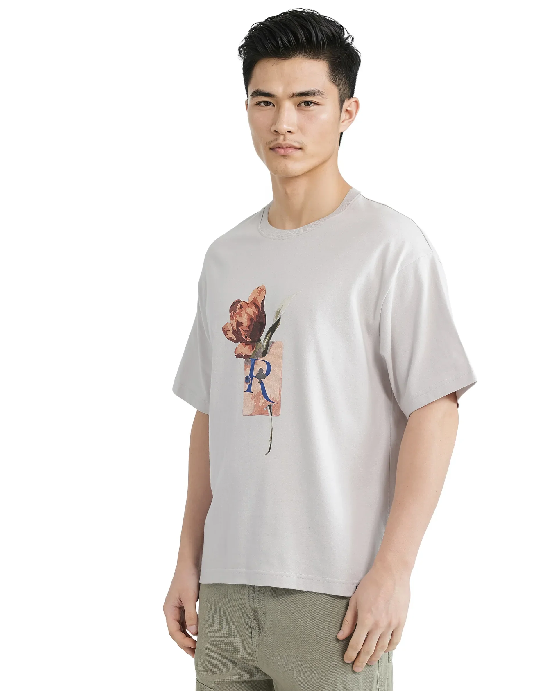 Rare Rabbit Men's Faun Light Grey Cotton Graphic Print Oversized Fit Half Sleeve Crew Neck T-Shirt - Image 5