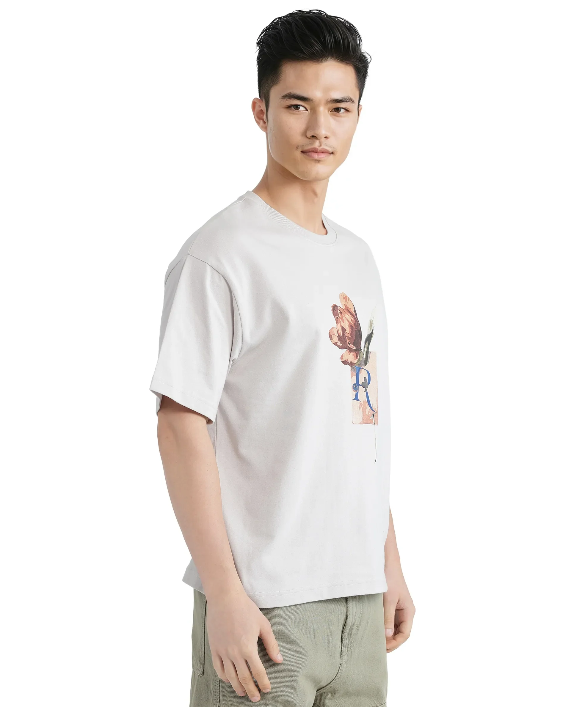 Rare Rabbit Men's Faun Light Grey Cotton Graphic Print Oversized Fit Half Sleeve Crew Neck T-Shirt - Image 6