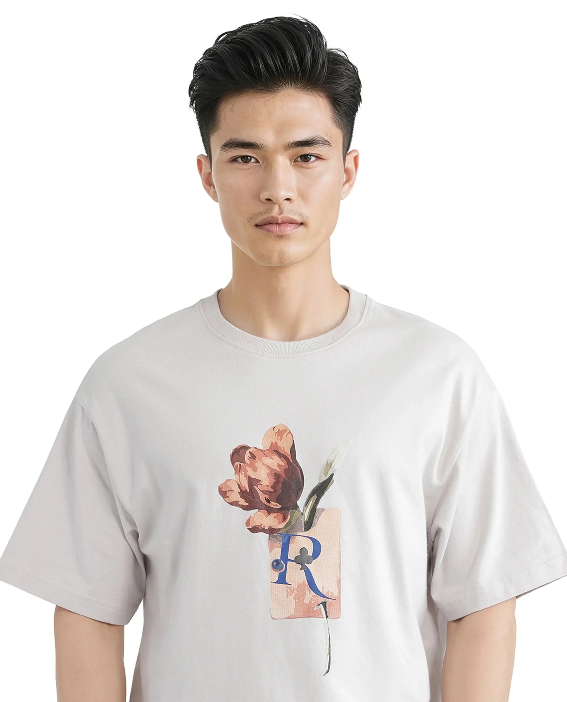 Rare Rabbit Men's Faun Light Grey Cotton Graphic Print Oversized Fit Half Sleeve Crew Neck T-Shirt - Image 8