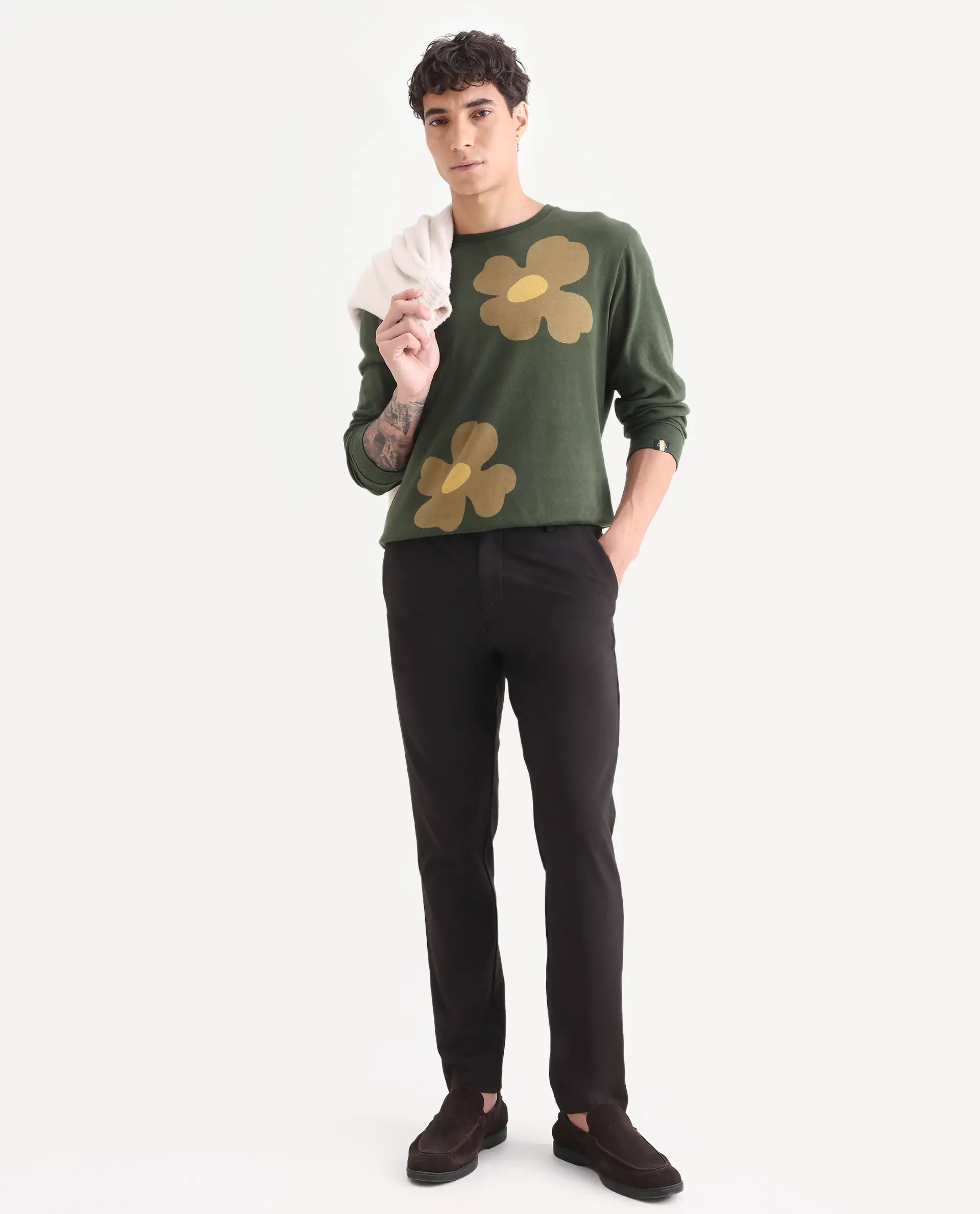 Rare Rabbit Men's Fauna Olive Cotton Floral Print Regular Fit Full Sleeve Crew Neck Sweatshirt - Image 2