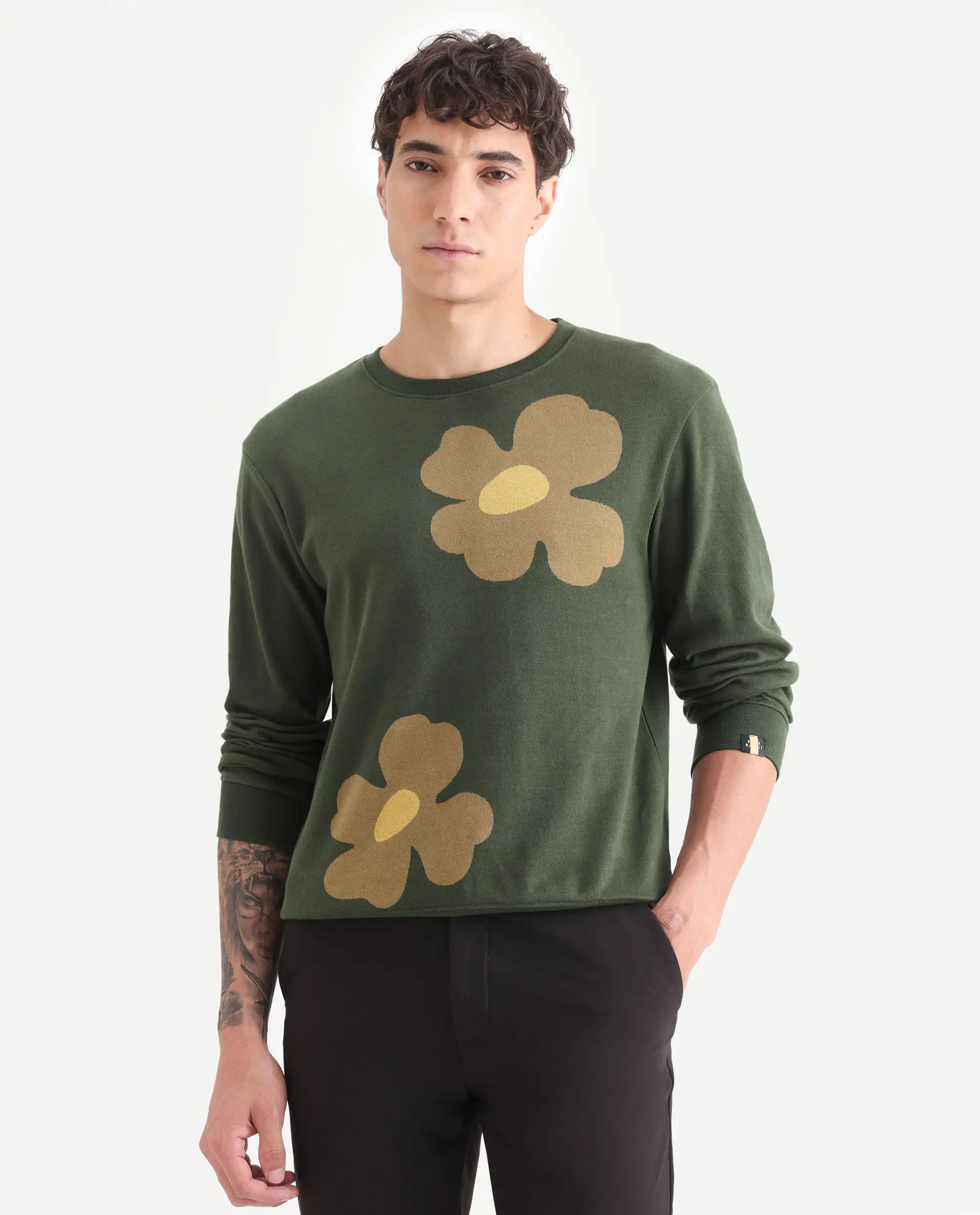 Rare Rabbit Men's Fauna Olive Cotton Floral Print Regular Fit Full Sleeve Crew Neck Sweatshirt - Image 3
