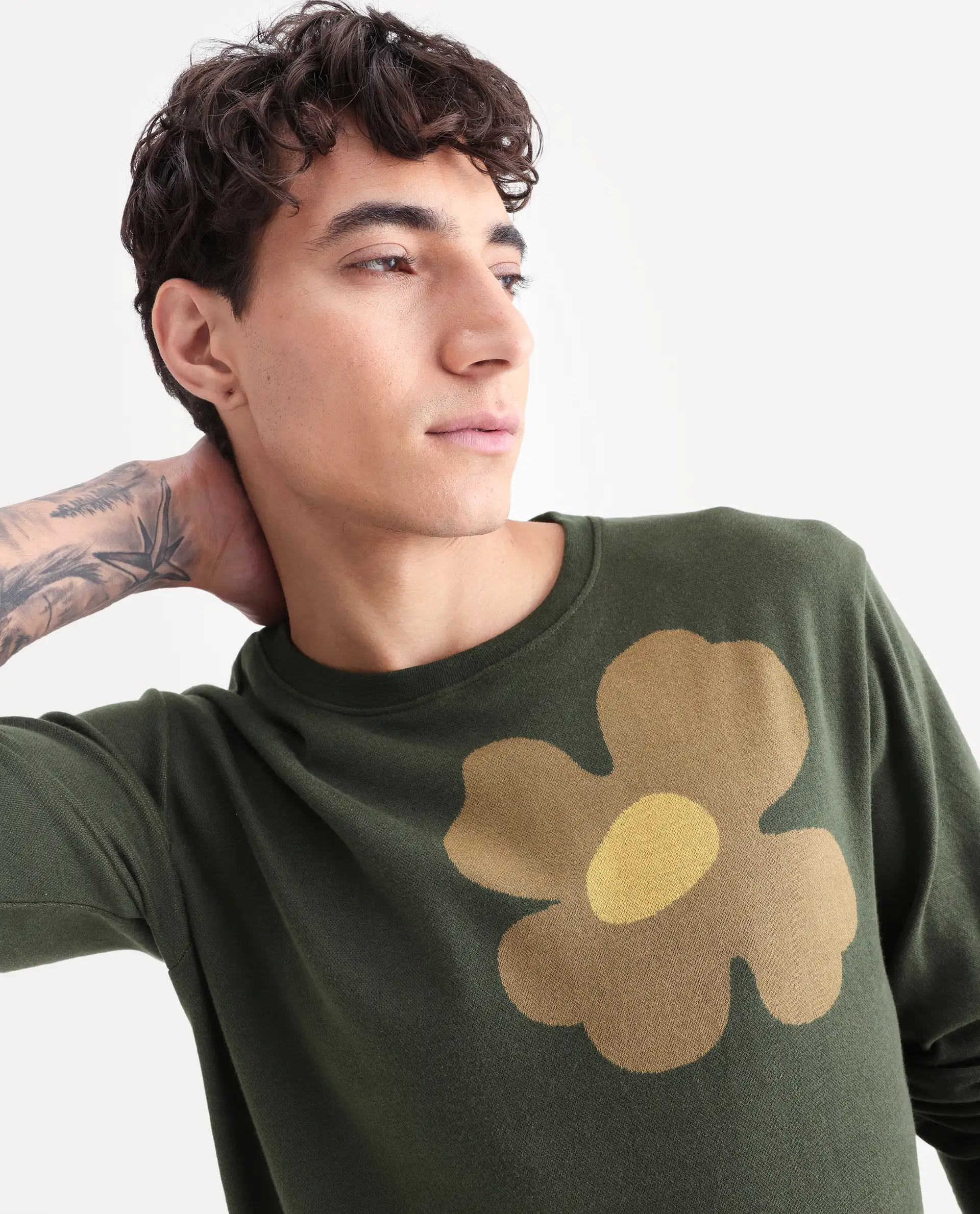 Rare Rabbit Men's Fauna Olive Cotton Floral Print Regular Fit Full Sleeve Crew Neck Sweatshirt - Image 4