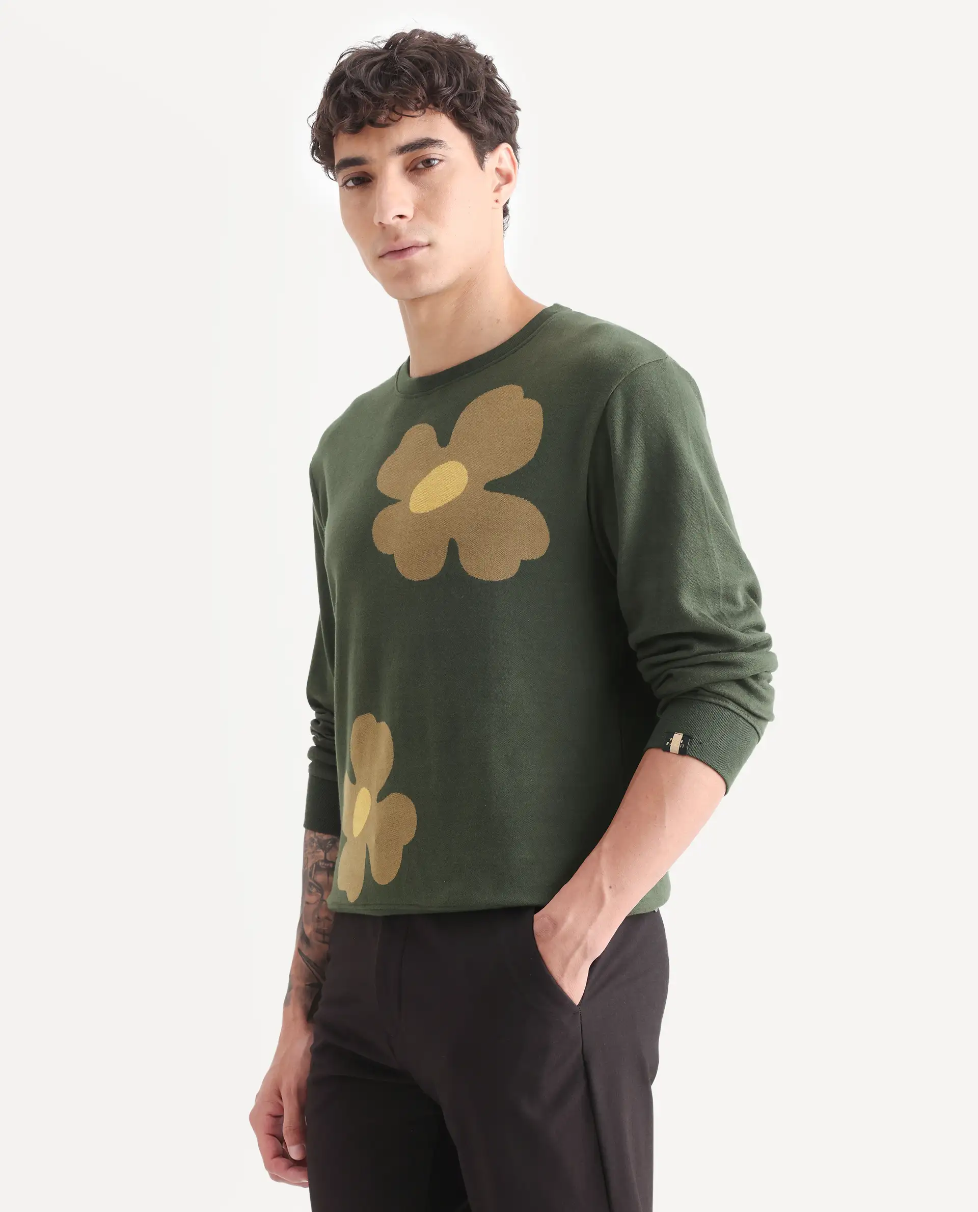 Rare Rabbit Men's Fauna Olive Cotton Floral Print Regular Fit Full Sleeve Crew Neck Sweatshirt - Image 5
