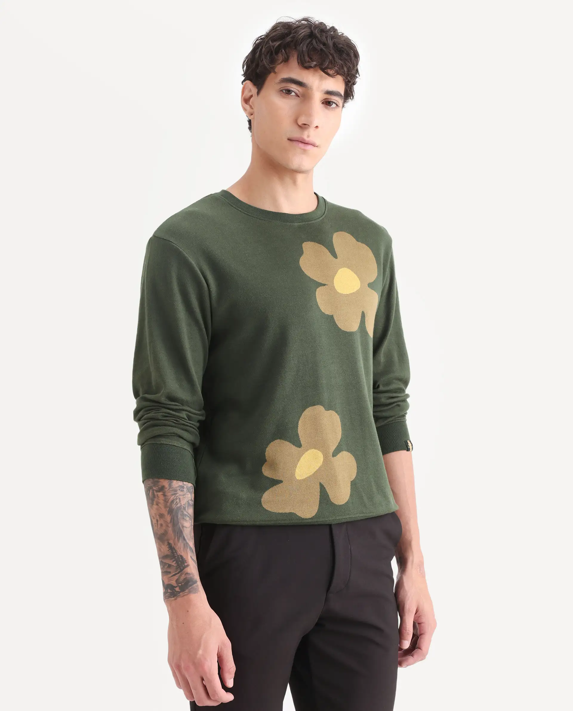 Rare Rabbit Men's Fauna Olive Cotton Floral Print Regular Fit Full Sleeve Crew Neck Sweatshirt - Image 6