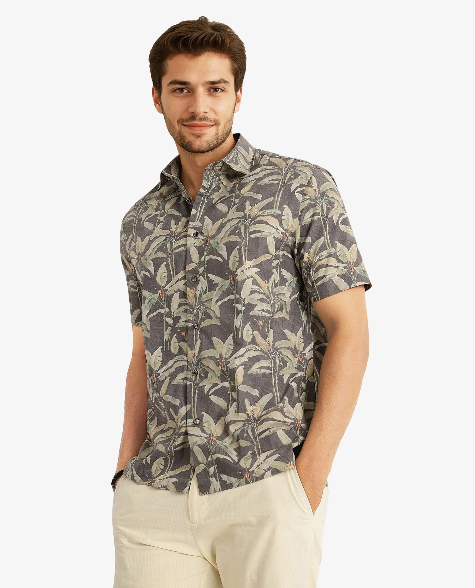 Rare Rabbit Men's Faus Light Brown Polyester Tropical Print Boxy Fit Half Sleeve Collared Shirt - Image 5