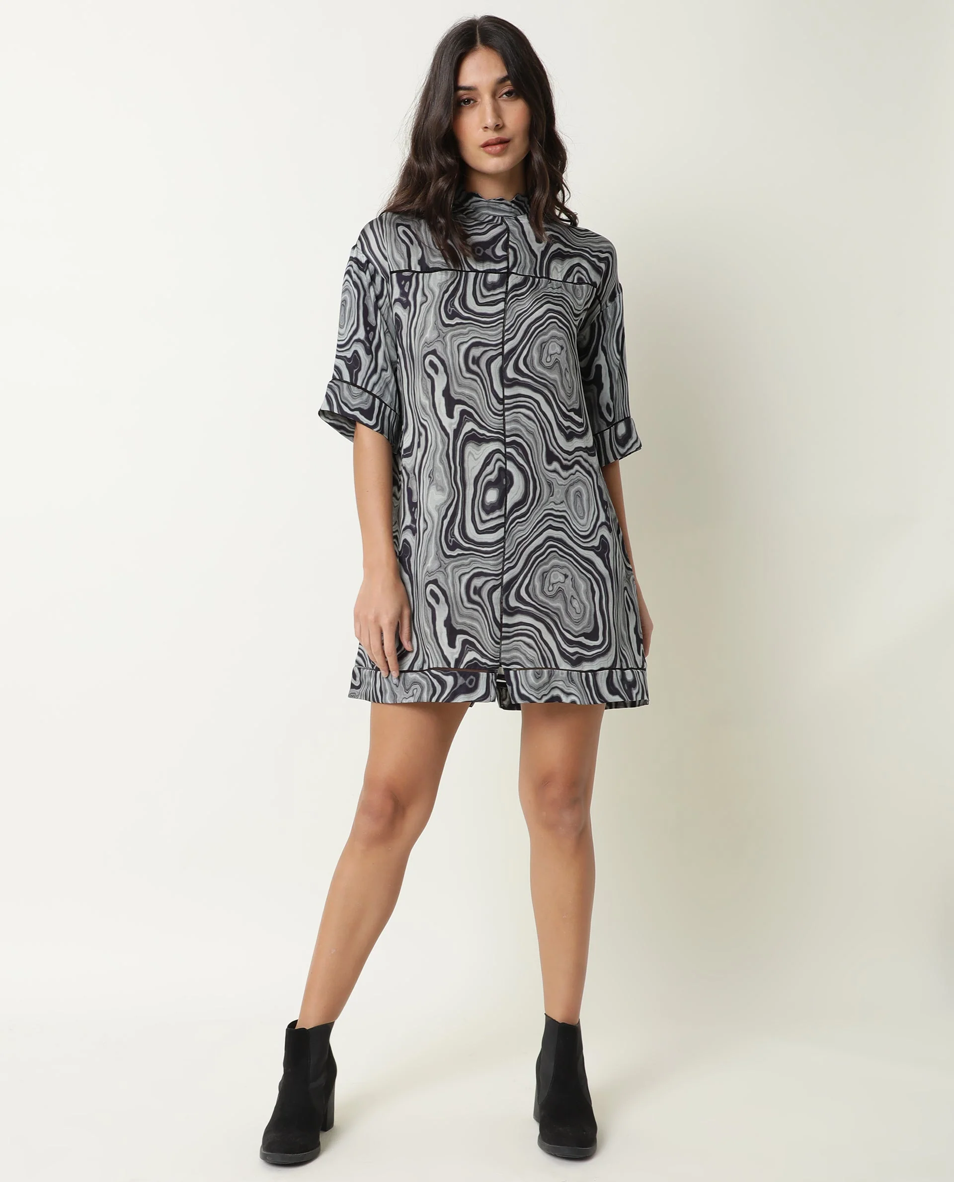 Rareism Women Favor Black Abstract Print High Neck Half Sleeves Mini Dress - Image 2