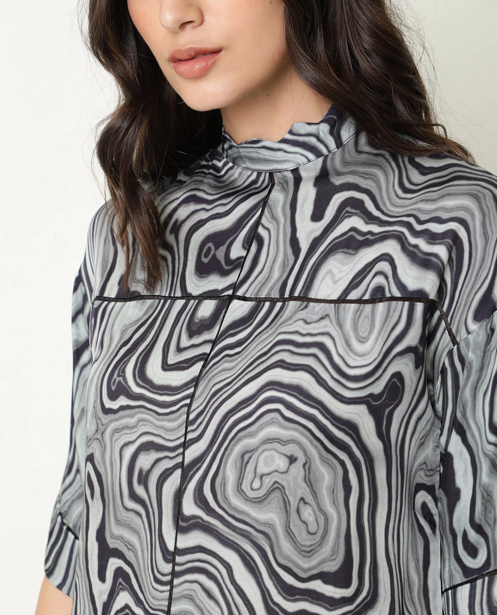 Rareism Women Favor Black Abstract Print High Neck Half Sleeves Mini Dress - Image 3