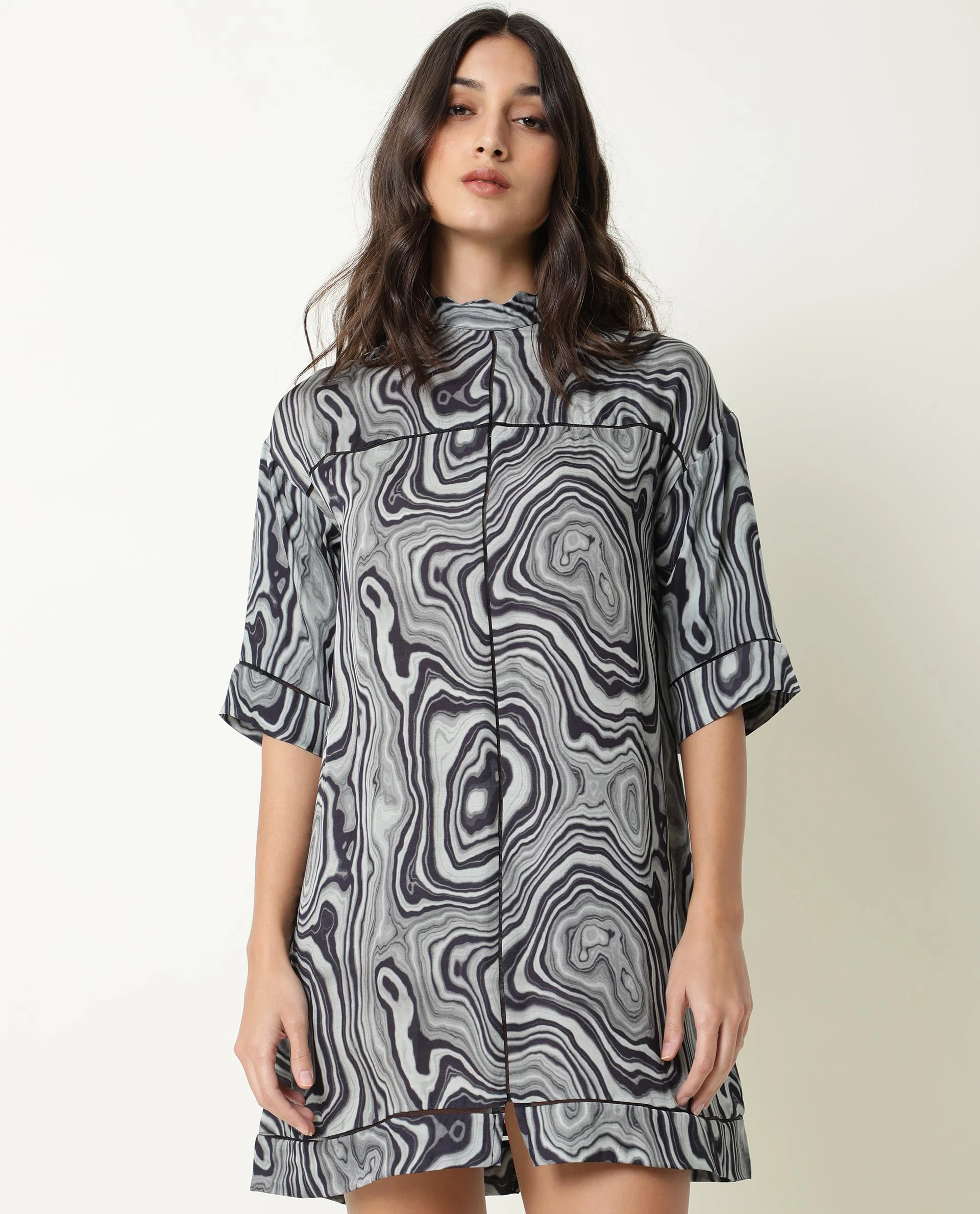 Rareism Women Favor Black Abstract Print High Neck Half Sleeves Mini Dress - Image 4