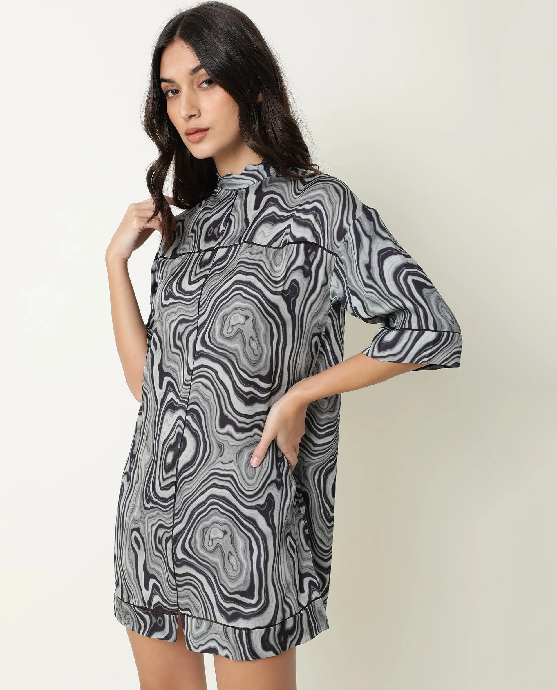 Rareism Women Favor Black Abstract Print High Neck Half Sleeves Mini Dress - Image 5