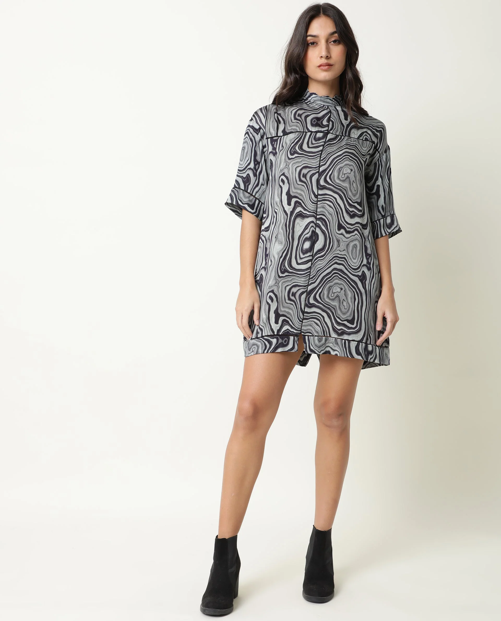 Rareism Women Favor Black Abstract Print High Neck Half Sleeves Mini Dress - Image 6