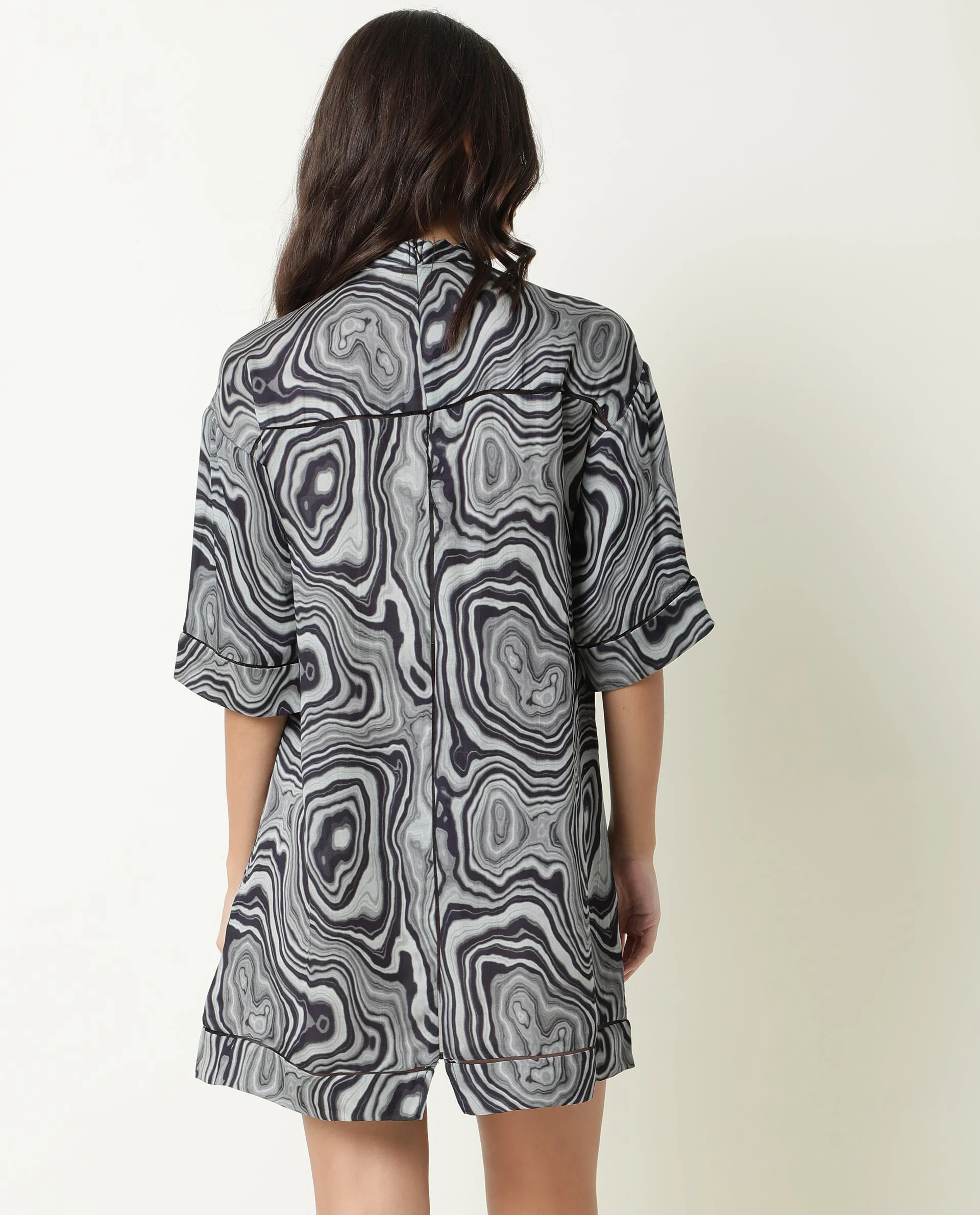 Rareism Women Favor Black Abstract Print High Neck Half Sleeves Mini Dress - Image 7