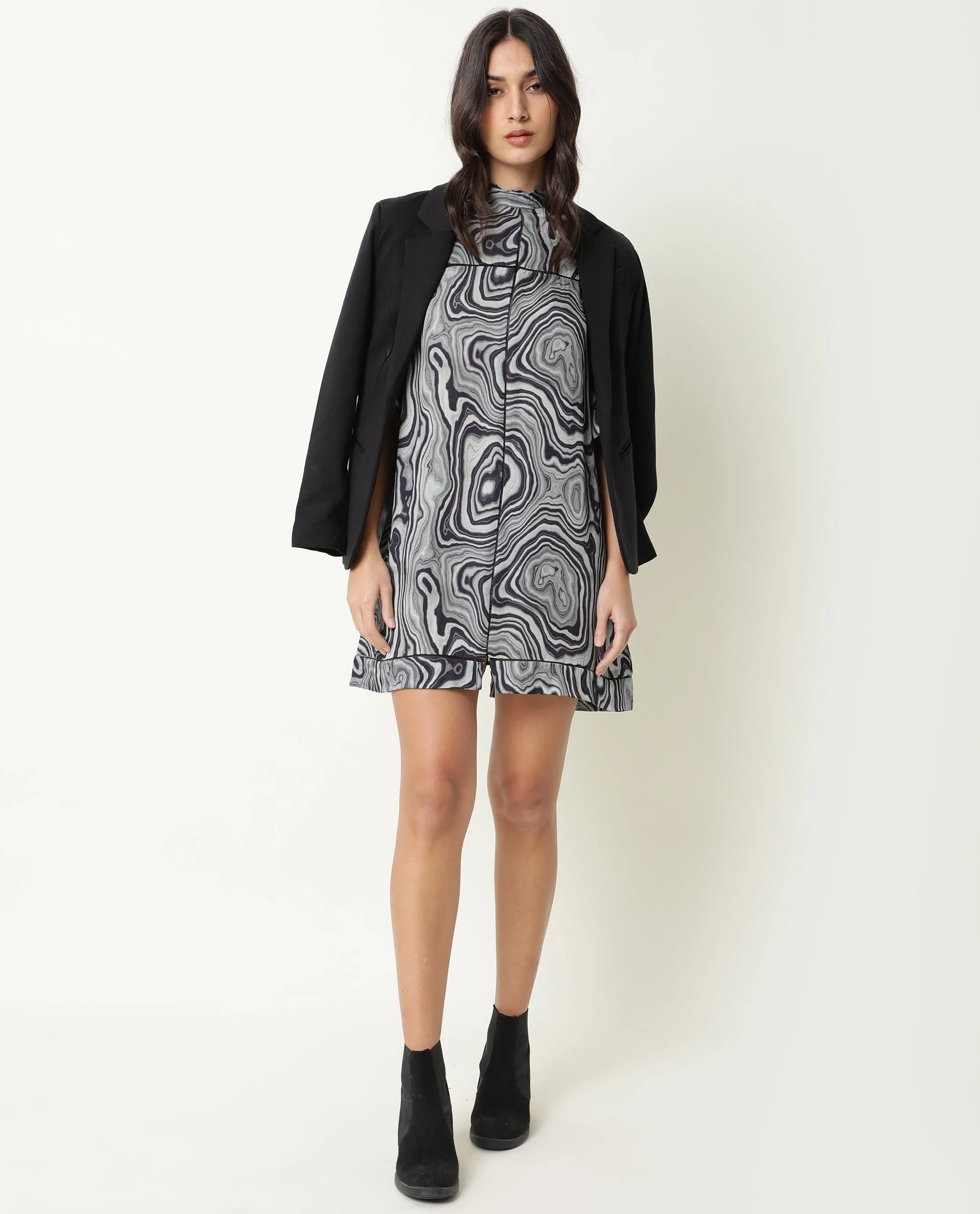 Rareism Women Favor Black Abstract Print High Neck Half Sleeves Mini Dress - Image 8
