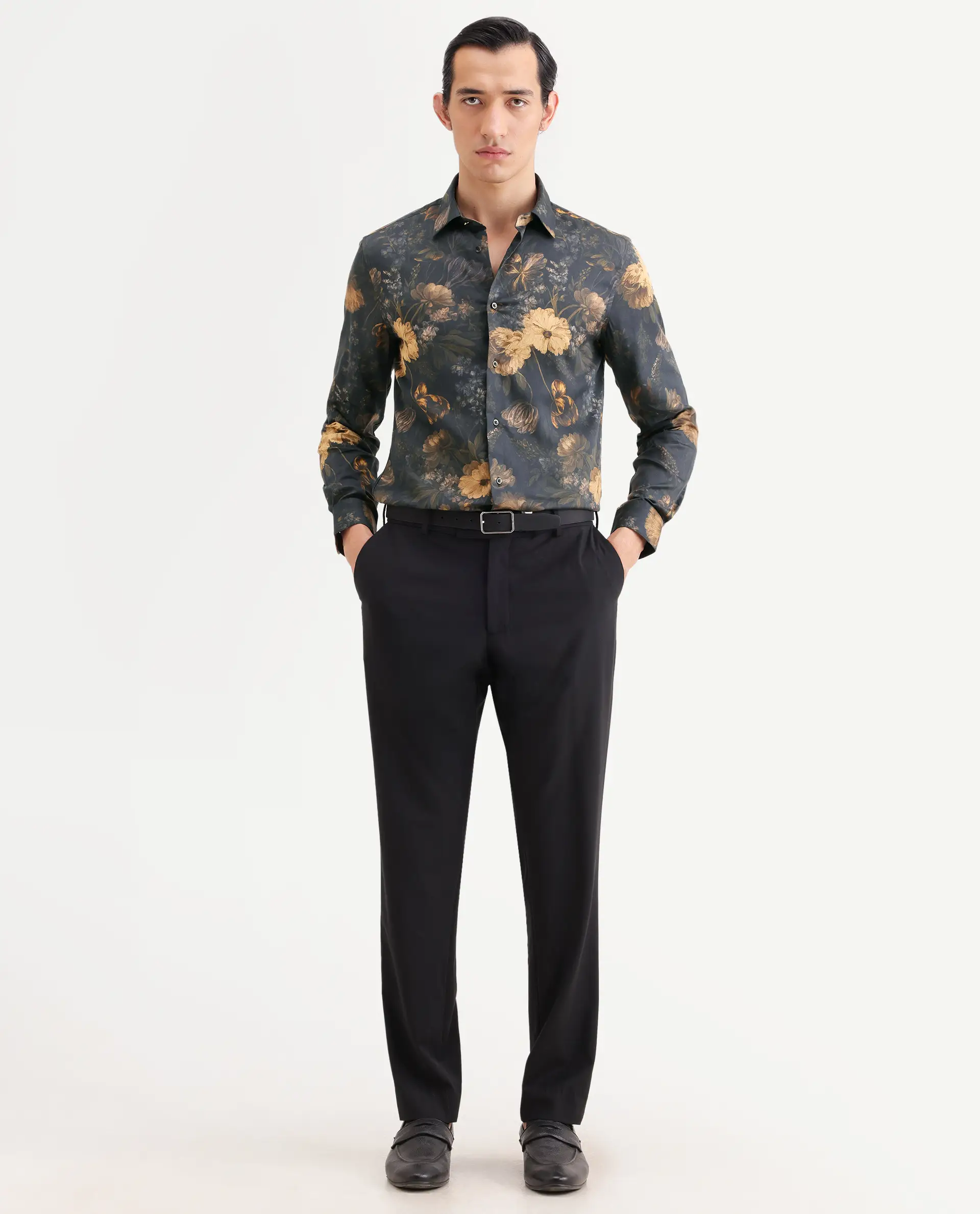 Rare Rabbit Men's Fawn Black Cotton Fabric Full Sleeve Spread Collar Regular Fit Floral Print Shirt - Image 2