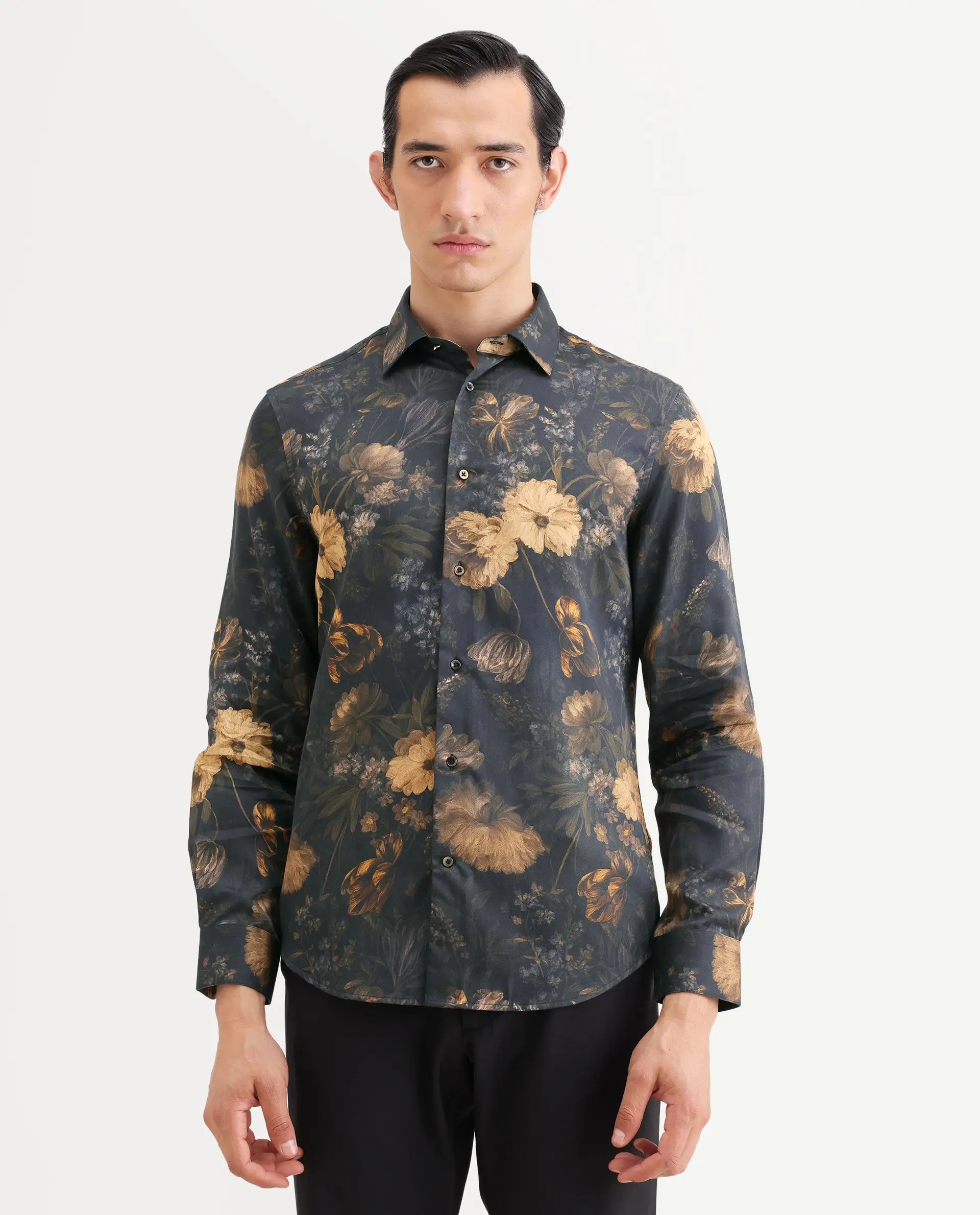 Rare Rabbit Men's Fawn Black Cotton Fabric Full Sleeve Spread Collar Regular Fit Floral Print Shirt - Image 4