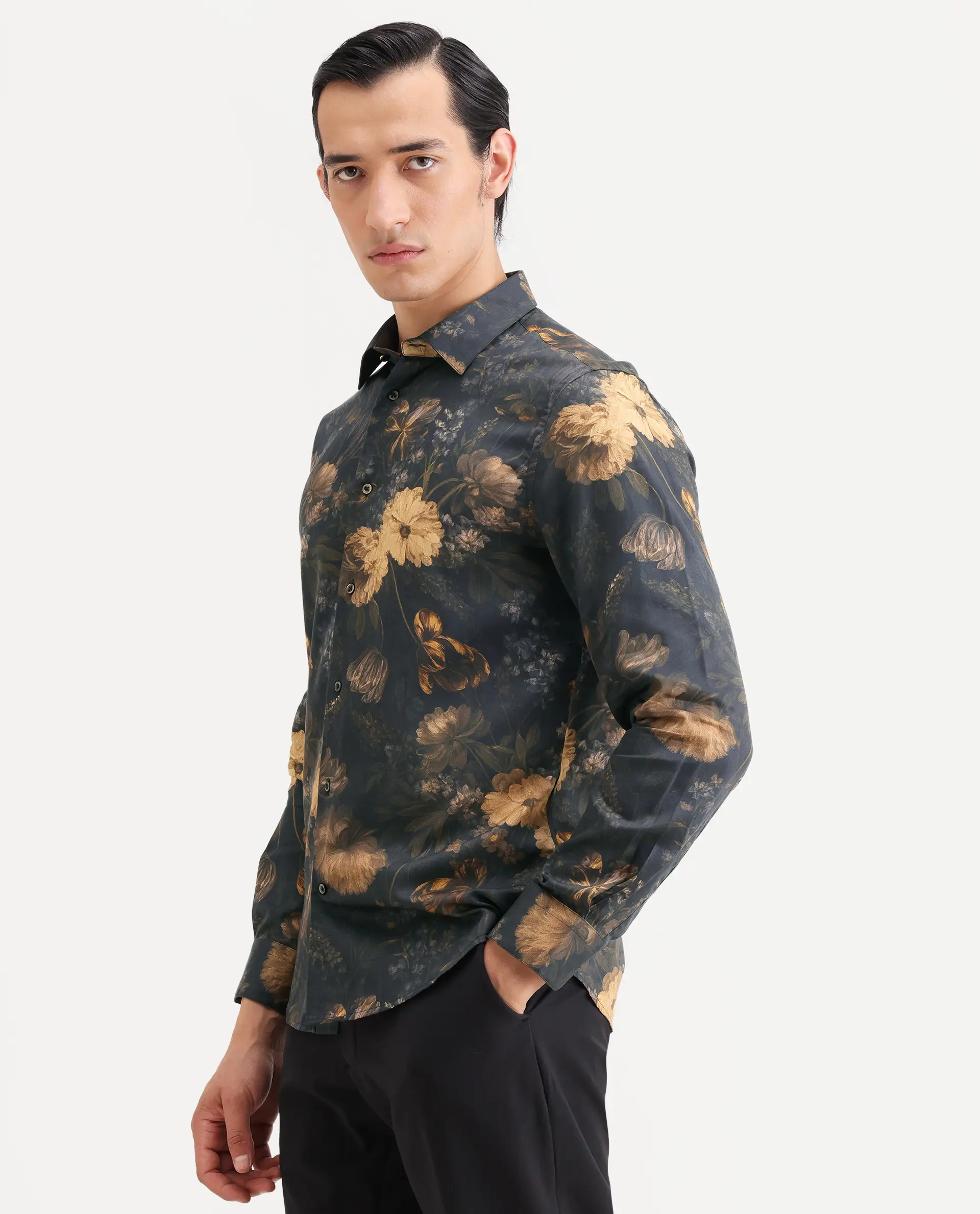 Rare Rabbit Men's Fawn Black Cotton Fabric Full Sleeve Spread Collar Regular Fit Floral Print Shirt - Image 5