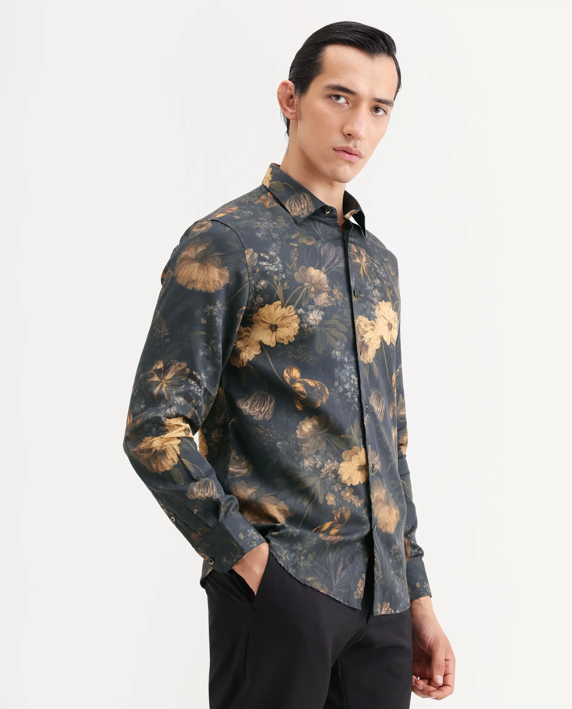 Rare Rabbit Men's Fawn Black Cotton Fabric Full Sleeve Spread Collar Regular Fit Floral Print Shirt - Image 6