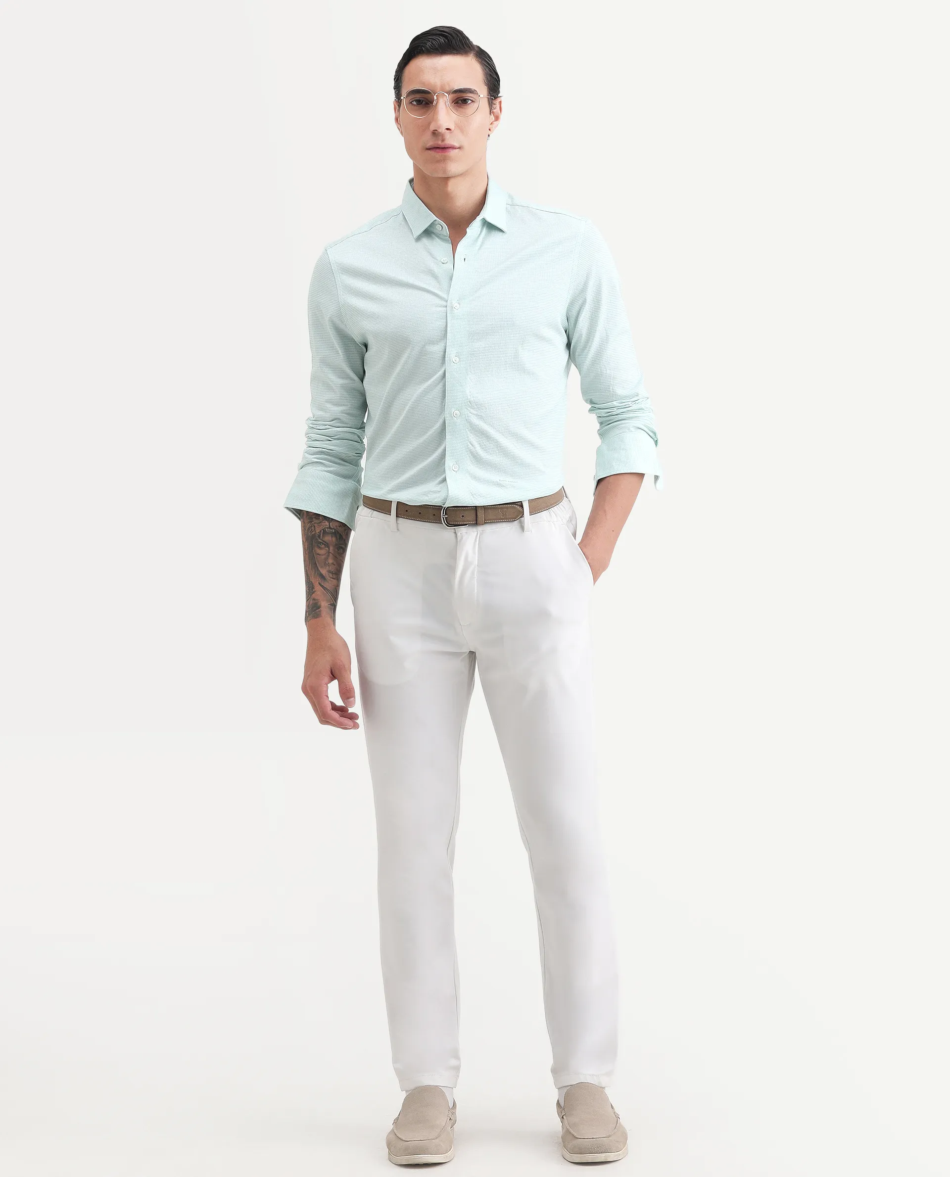 Rare Rabbit Men's Fay Green Cotton Textured Regular Fit Full Sleeve Collared Shirt - Image 2