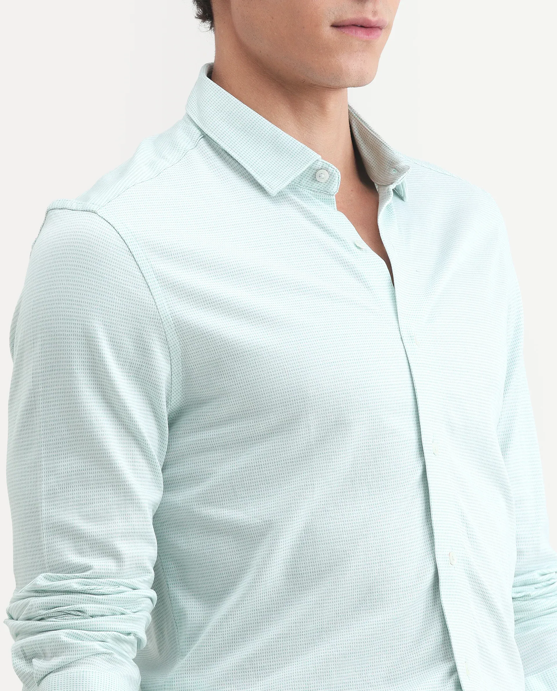Rare Rabbit Men's Fay Green Cotton Textured Regular Fit Full Sleeve Collared Shirt - Image 3