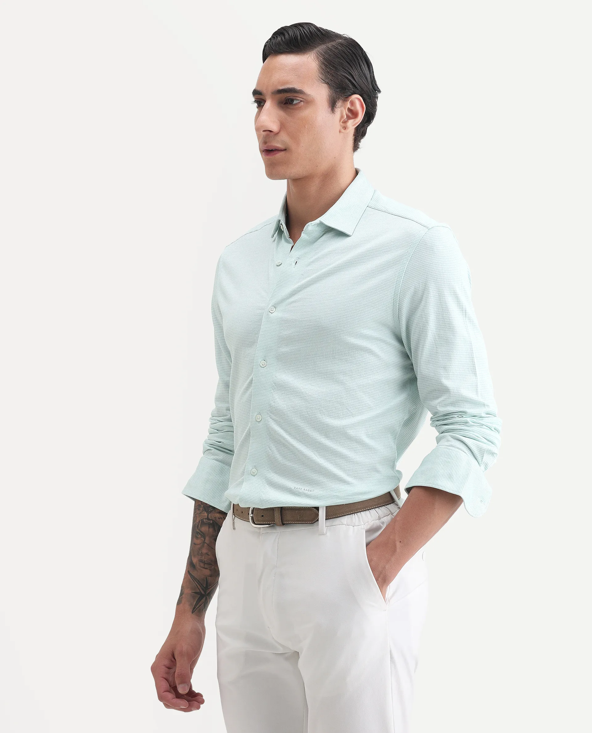 Rare Rabbit Men's Fay Green Cotton Textured Regular Fit Full Sleeve Collared Shirt - Image 4