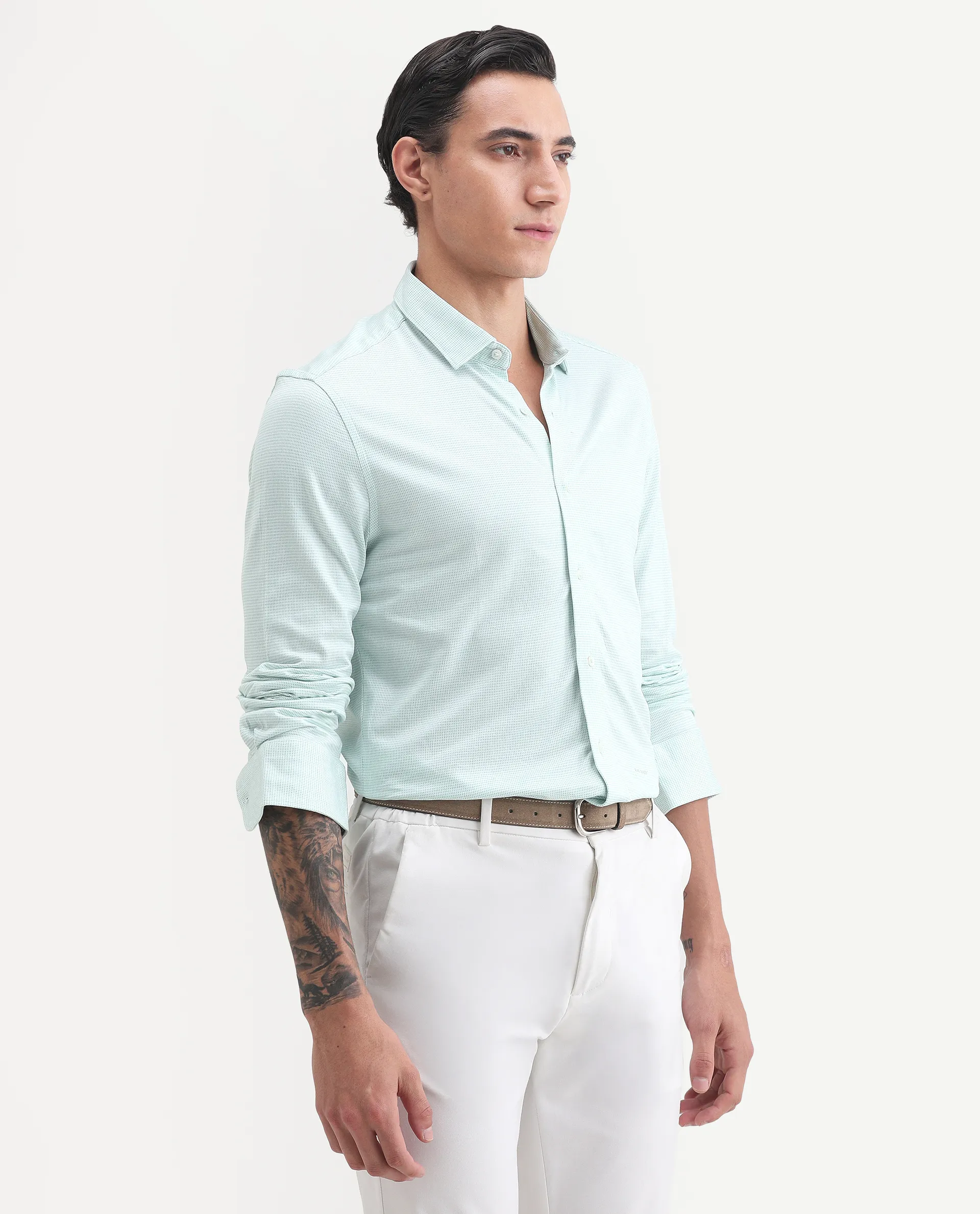 Rare Rabbit Men's Fay Green Cotton Textured Regular Fit Full Sleeve Collared Shirt - Image 5