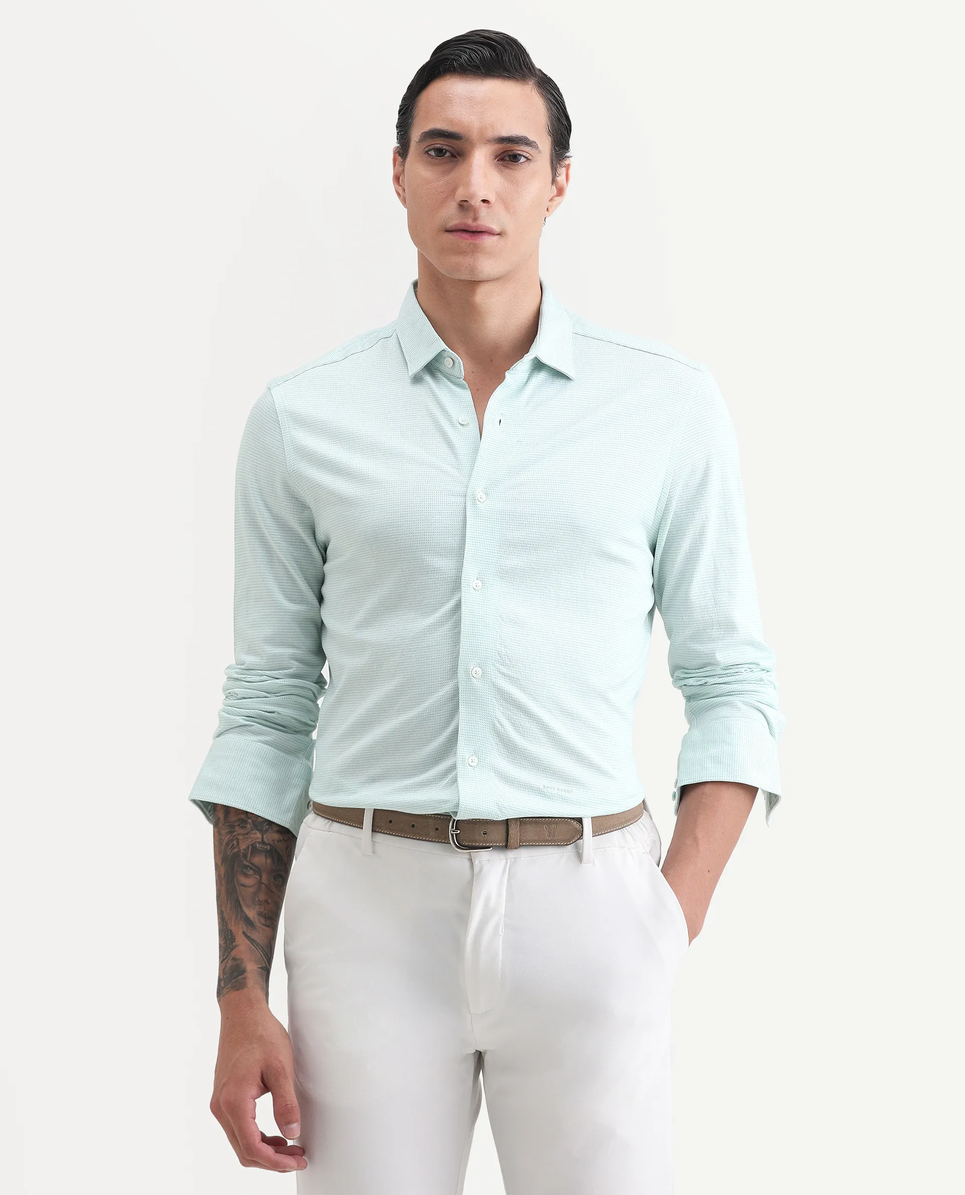 Rare Rabbit Men's Fay Green Cotton Textured Regular Fit Full Sleeve Collared Shirt - Image 6