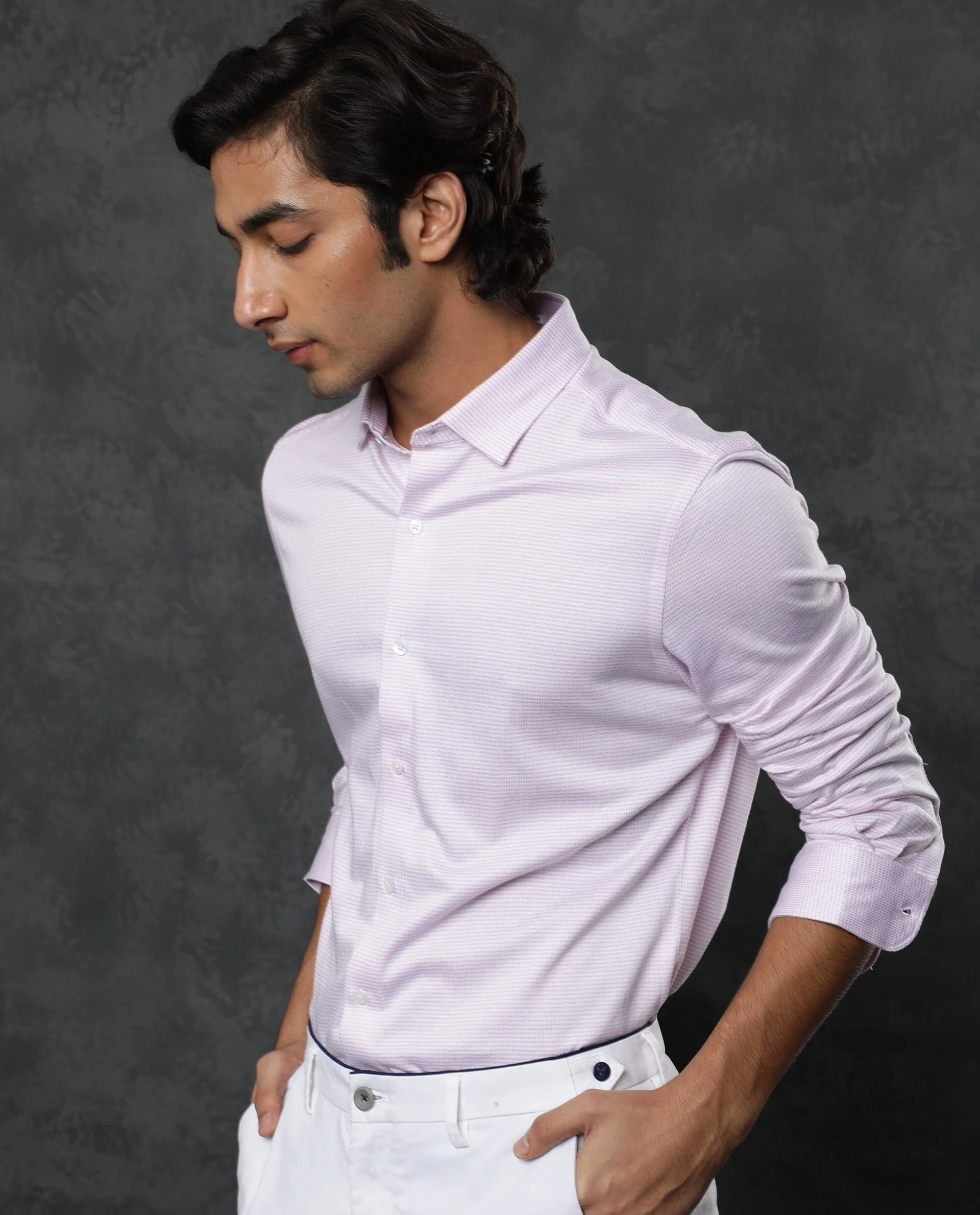 Rare Rabbit Men's Fay Pink Cotton Textured Regular Fit Full Sleeve Spread Collar Shirt - Image 4