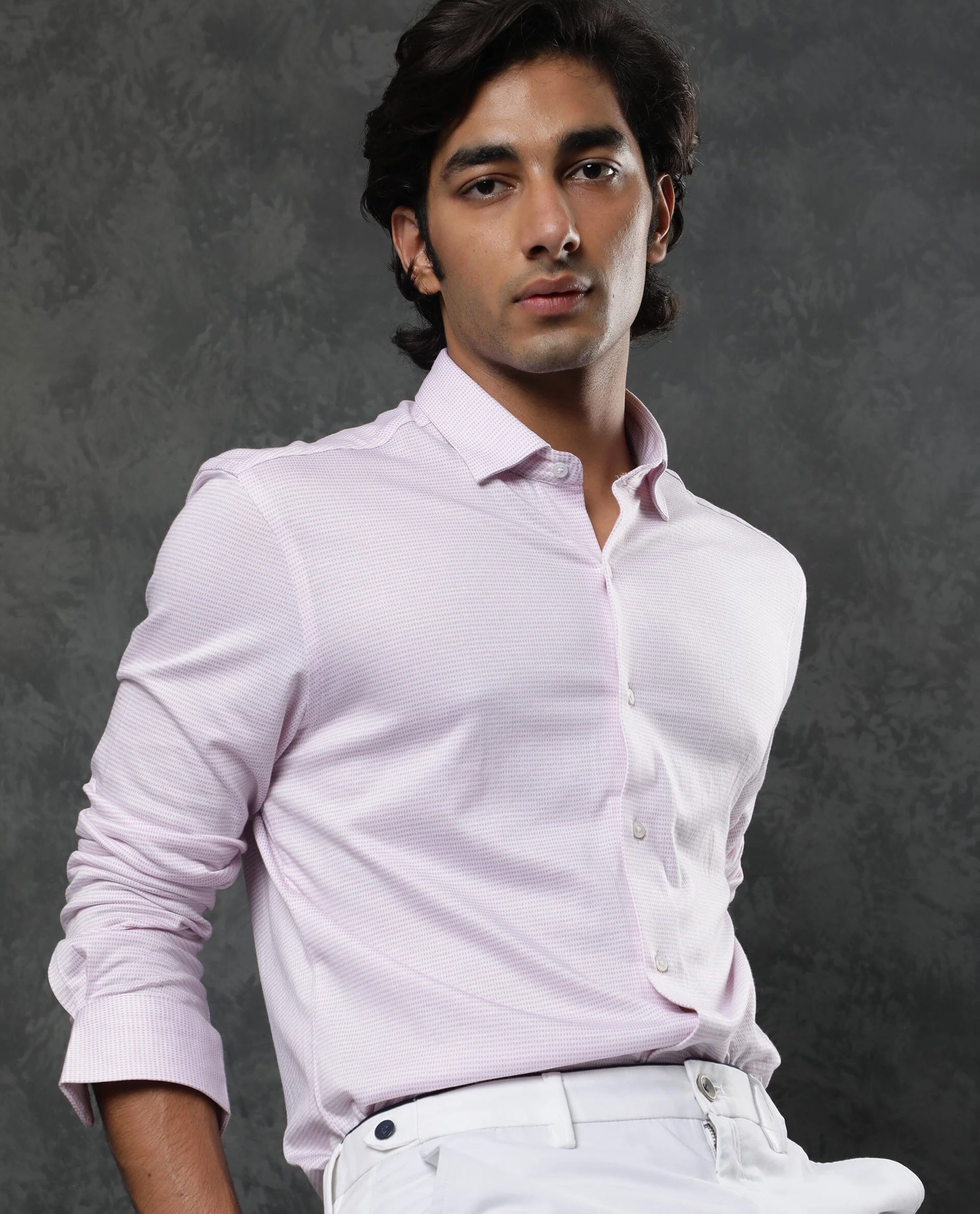 Rare Rabbit Men's Fay Pink Cotton Textured Regular Fit Full Sleeve Spread Collar Shirt - Image 9