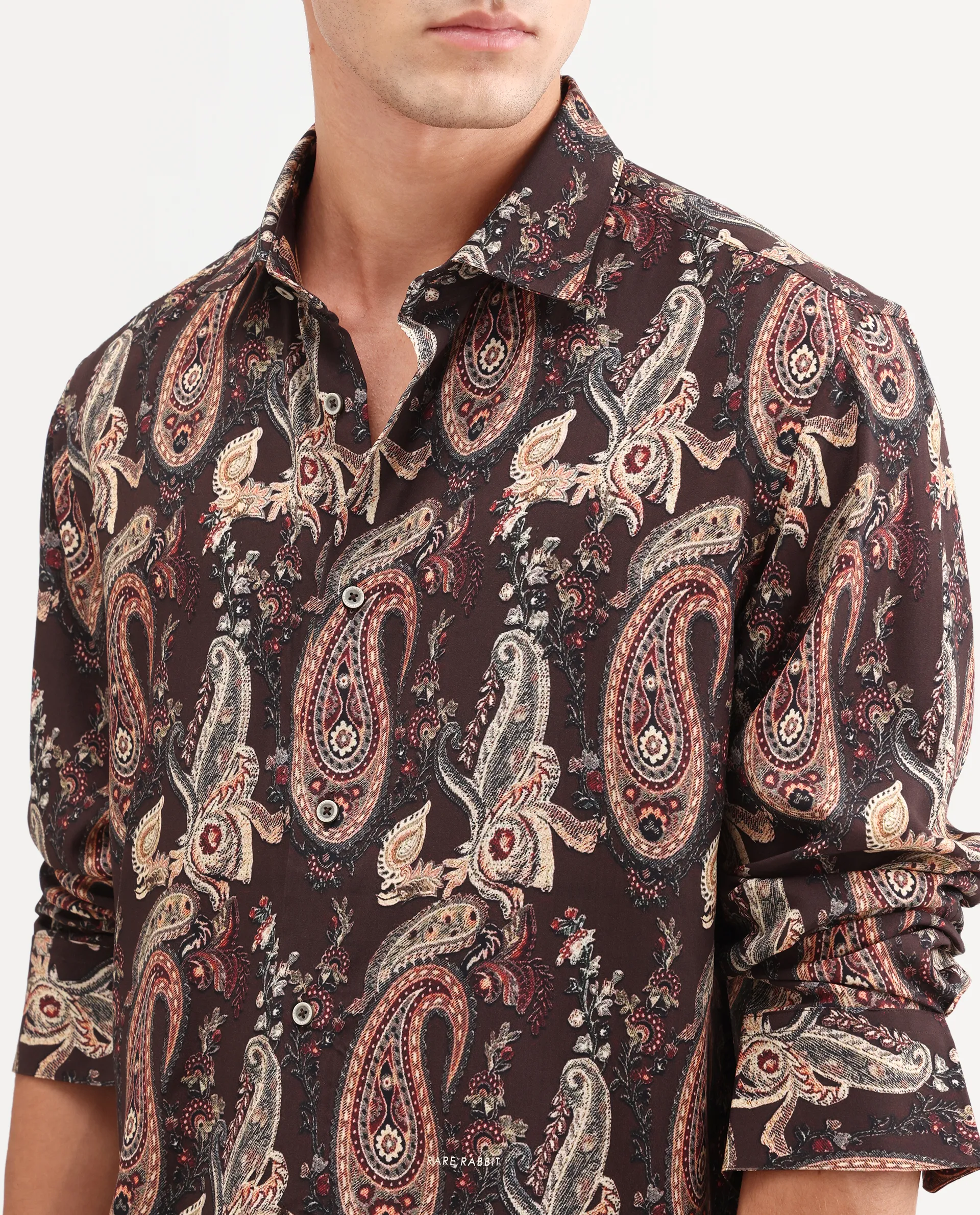 Rare Rabbit Men's Faye Dark Brown Viscose Fabric Full Sleeve Regular Fit Paisley Print Shirt - Image 3