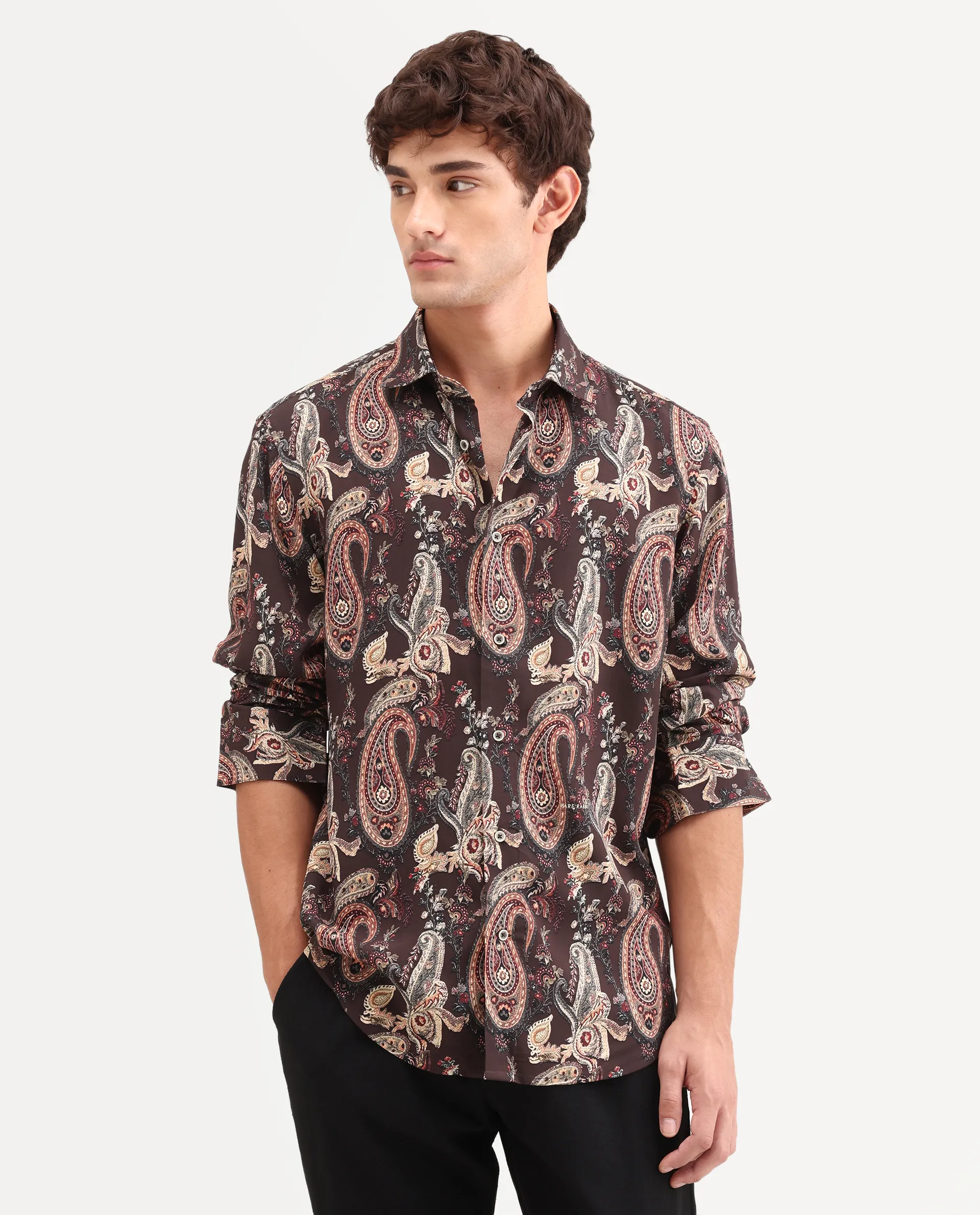 Rare Rabbit Men's Faye Dark Brown Viscose Fabric Full Sleeve Regular Fit Paisley Print Shirt - Image 4