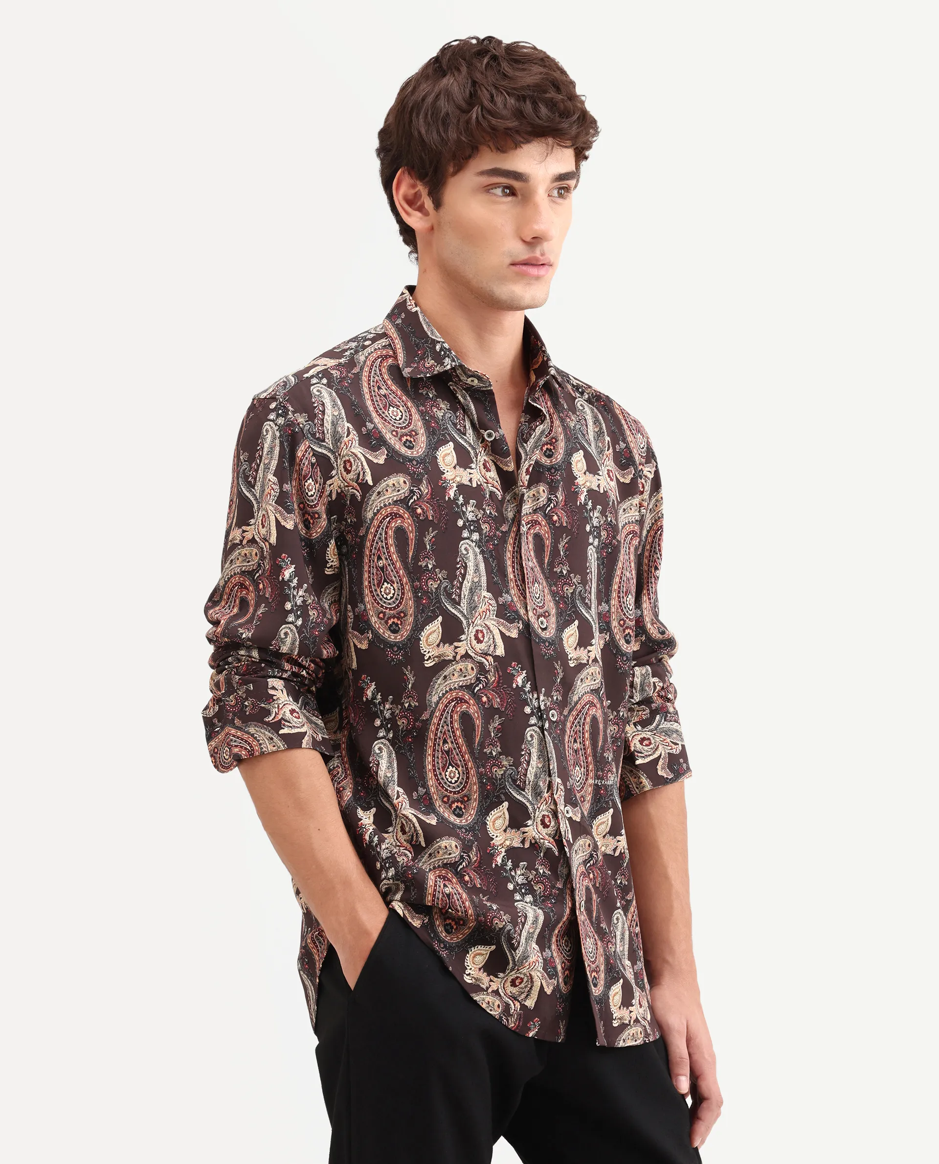 Rare Rabbit Men's Faye Dark Brown Viscose Fabric Full Sleeve Regular Fit Paisley Print Shirt - Image 5