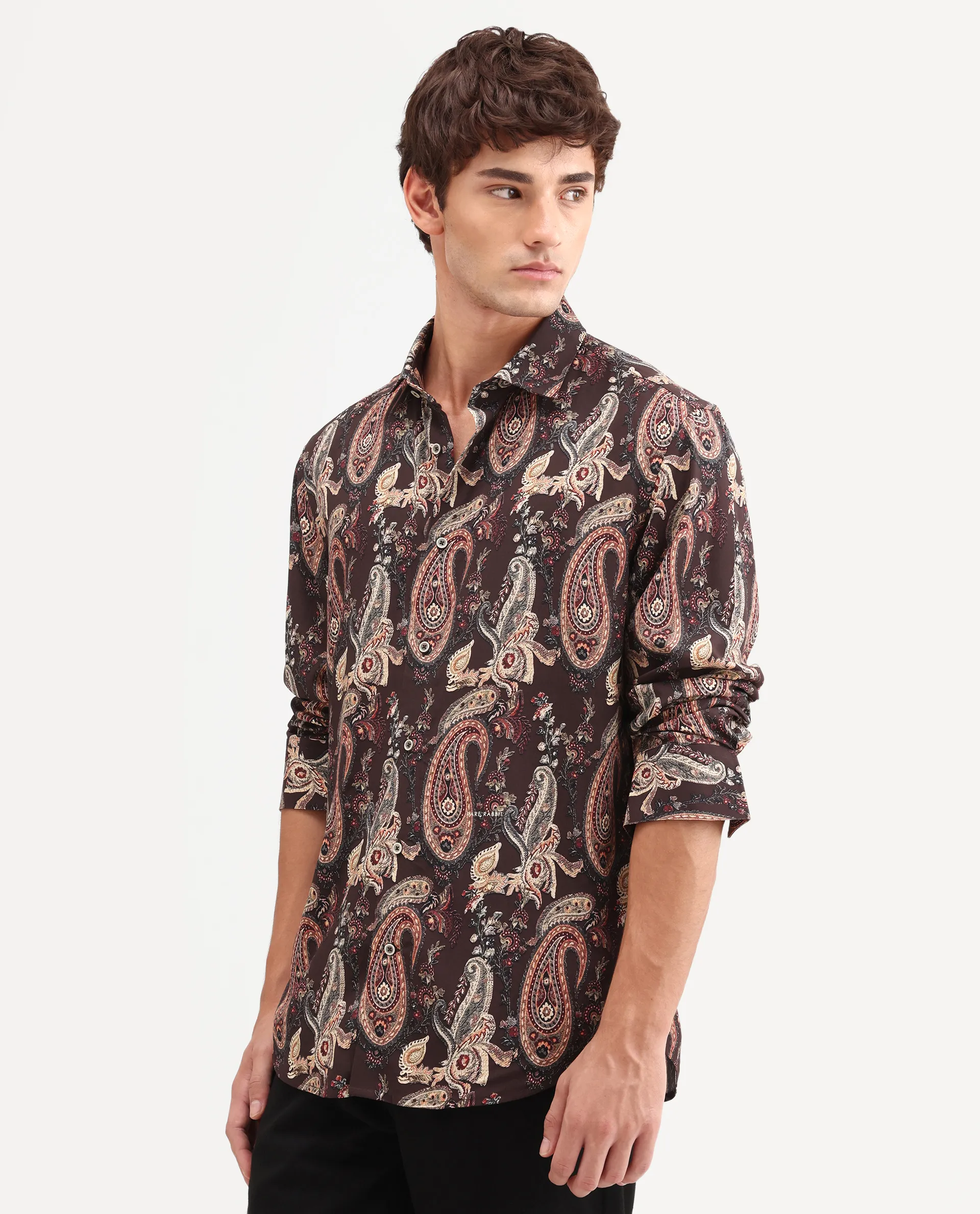 Rare Rabbit Men's Faye Dark Brown Viscose Fabric Full Sleeve Regular Fit Paisley Print Shirt - Image 6