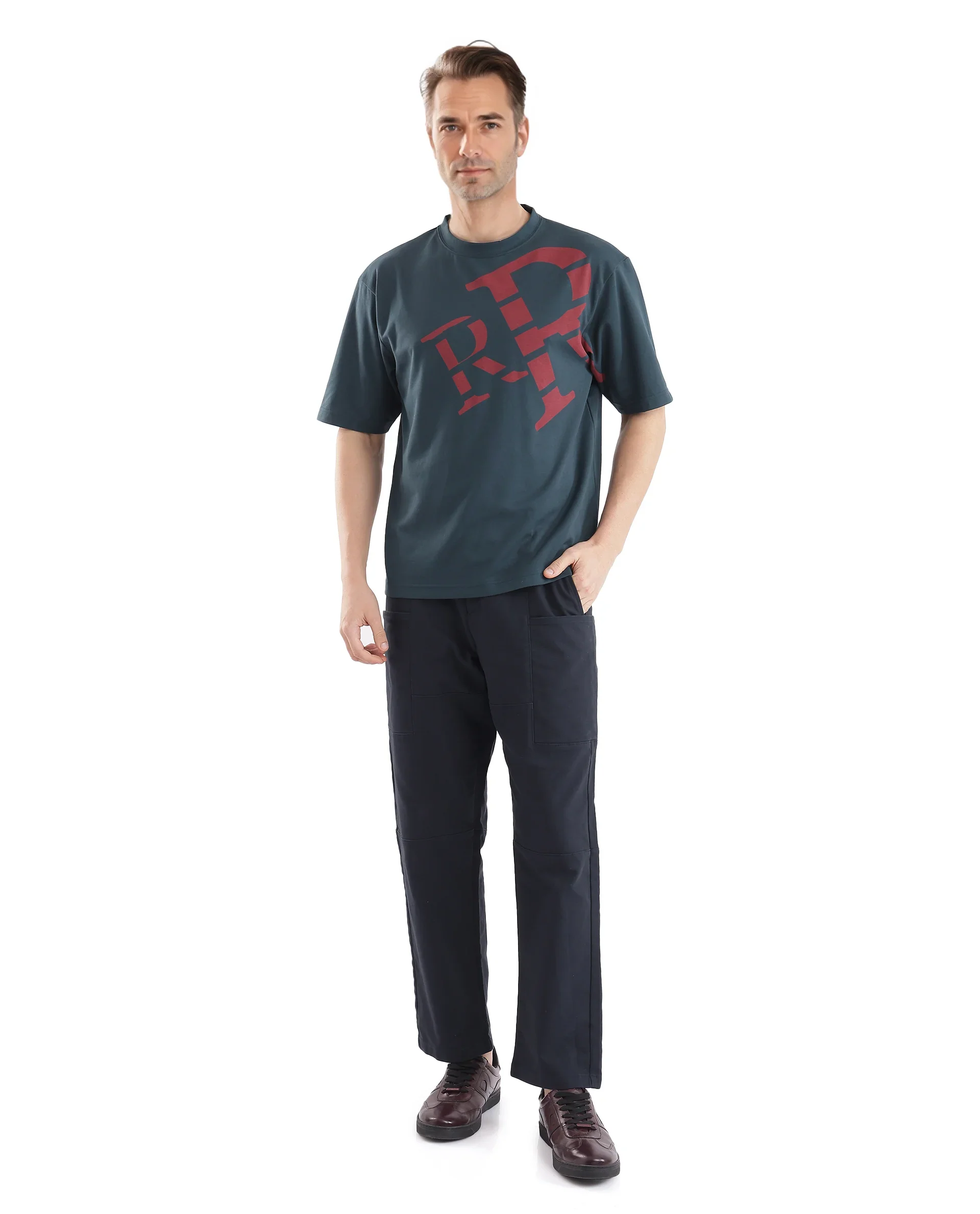 Rare Rabbit Men's Feat Teal Cotton Graphic Print Oversized Fit Half Sleeve Crew Neck T-Shirt - Image 2