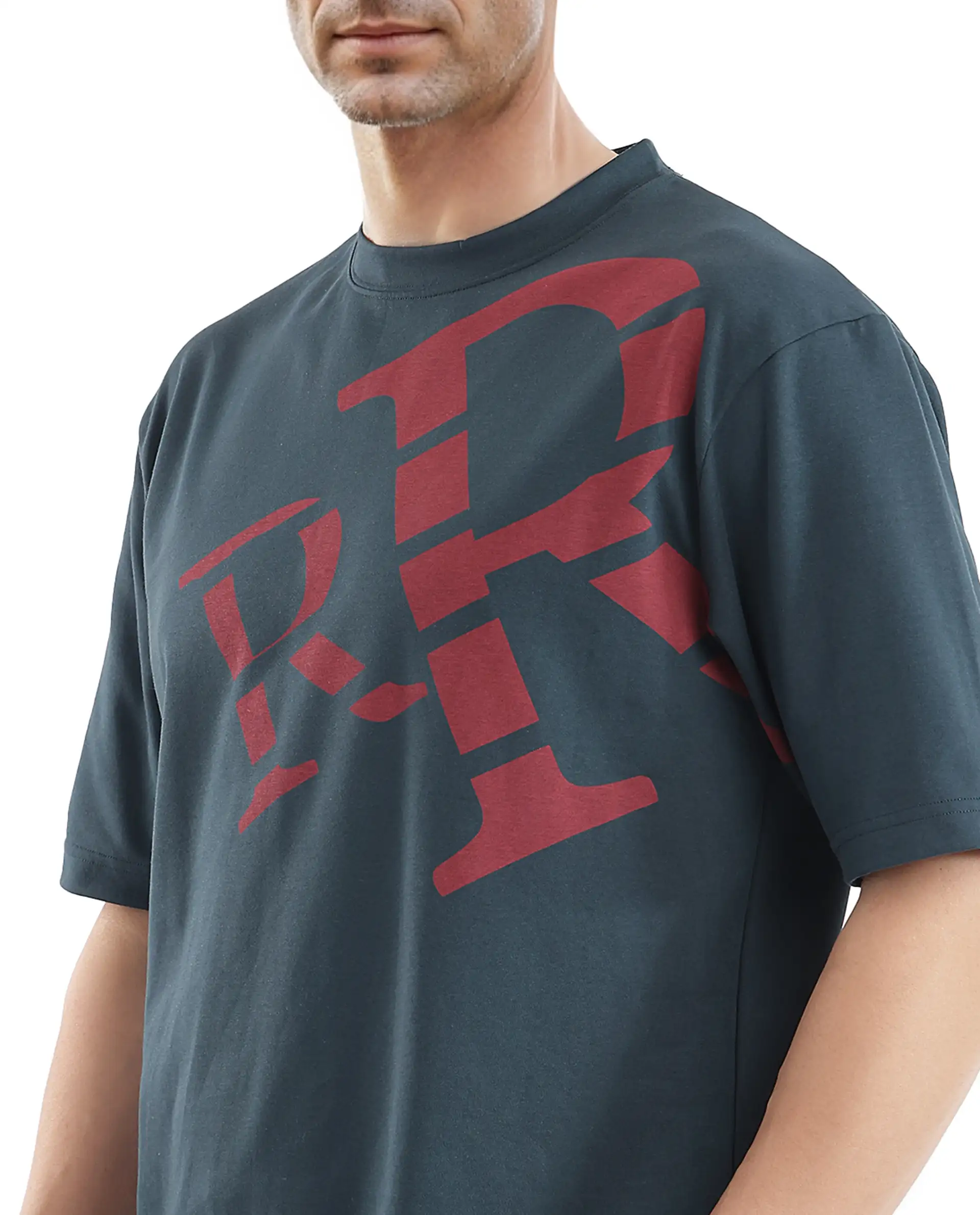 Rare Rabbit Men's Feat Teal Cotton Graphic Print Oversized Fit Half Sleeve Crew Neck T-Shirt - Image 4