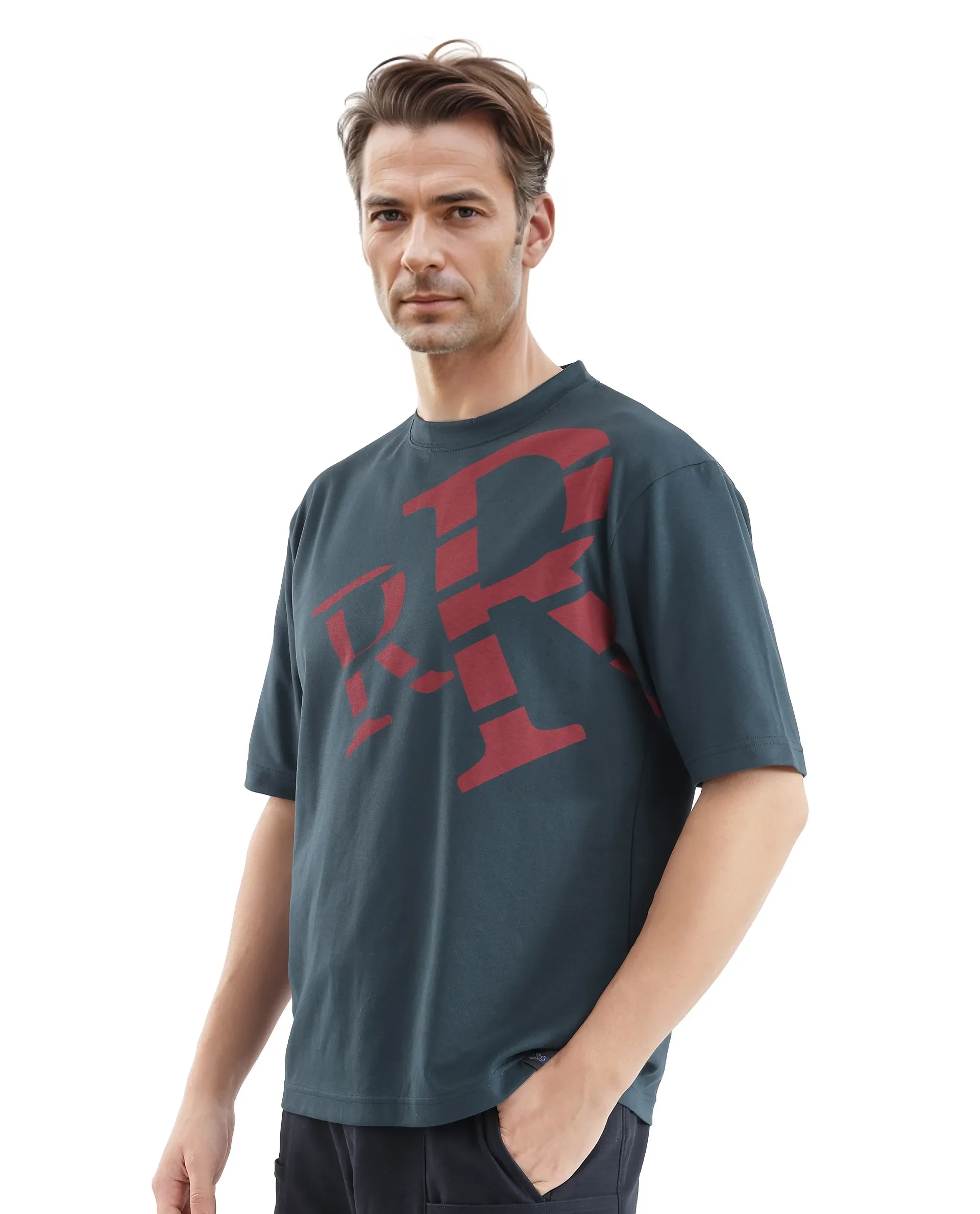 Rare Rabbit Men's Feat Teal Cotton Graphic Print Oversized Fit Half Sleeve Crew Neck T-Shirt - Image 7